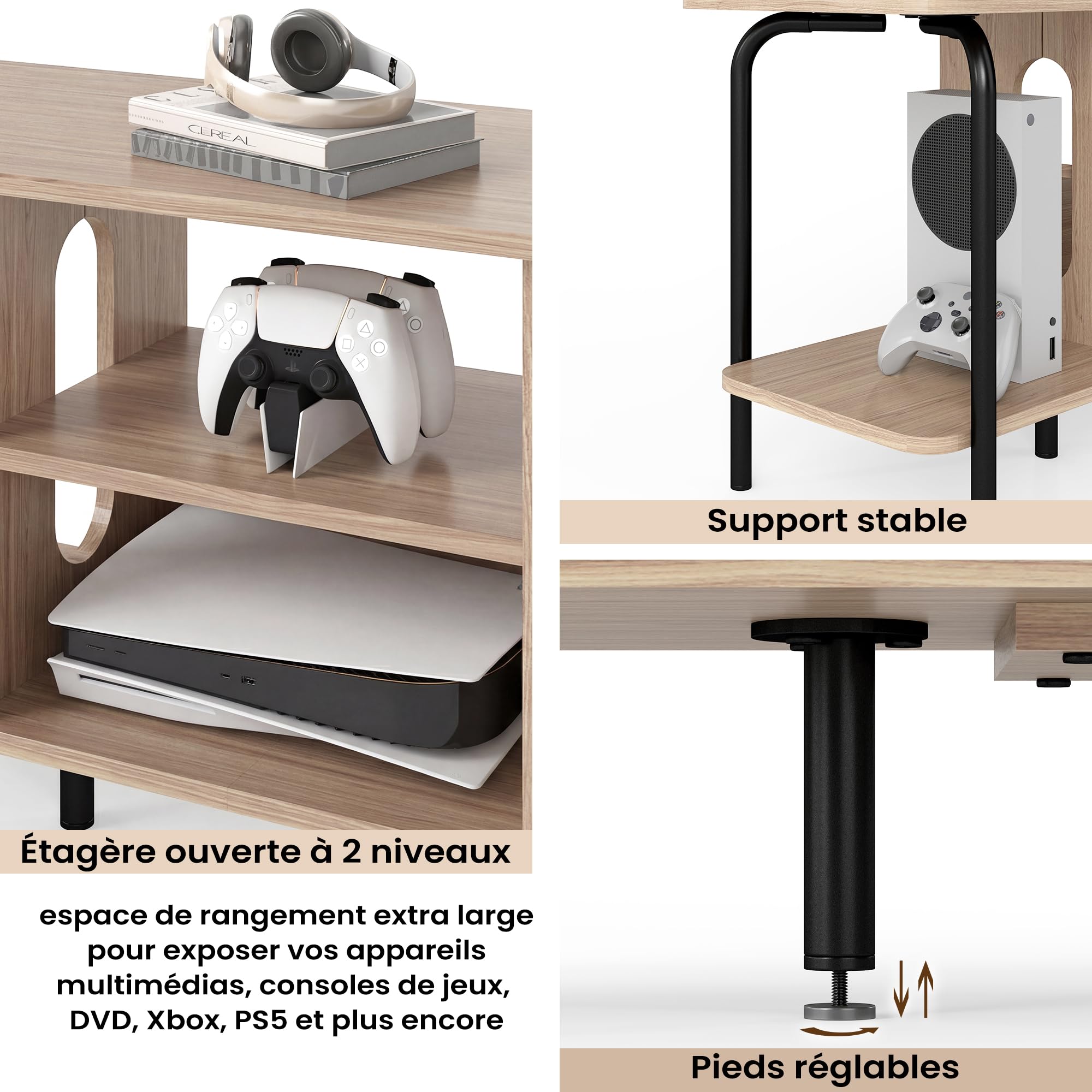 Manora Meuble TV 120 cm de Longueur, Meuble Tele avec 4 Espaces de Rangement Ouverts, Meuble Télé Bois, Structure en Acier Solide，2 Pieds Centraux Réglables, Meuble TV aux Coins Arrondis (Chêne)
