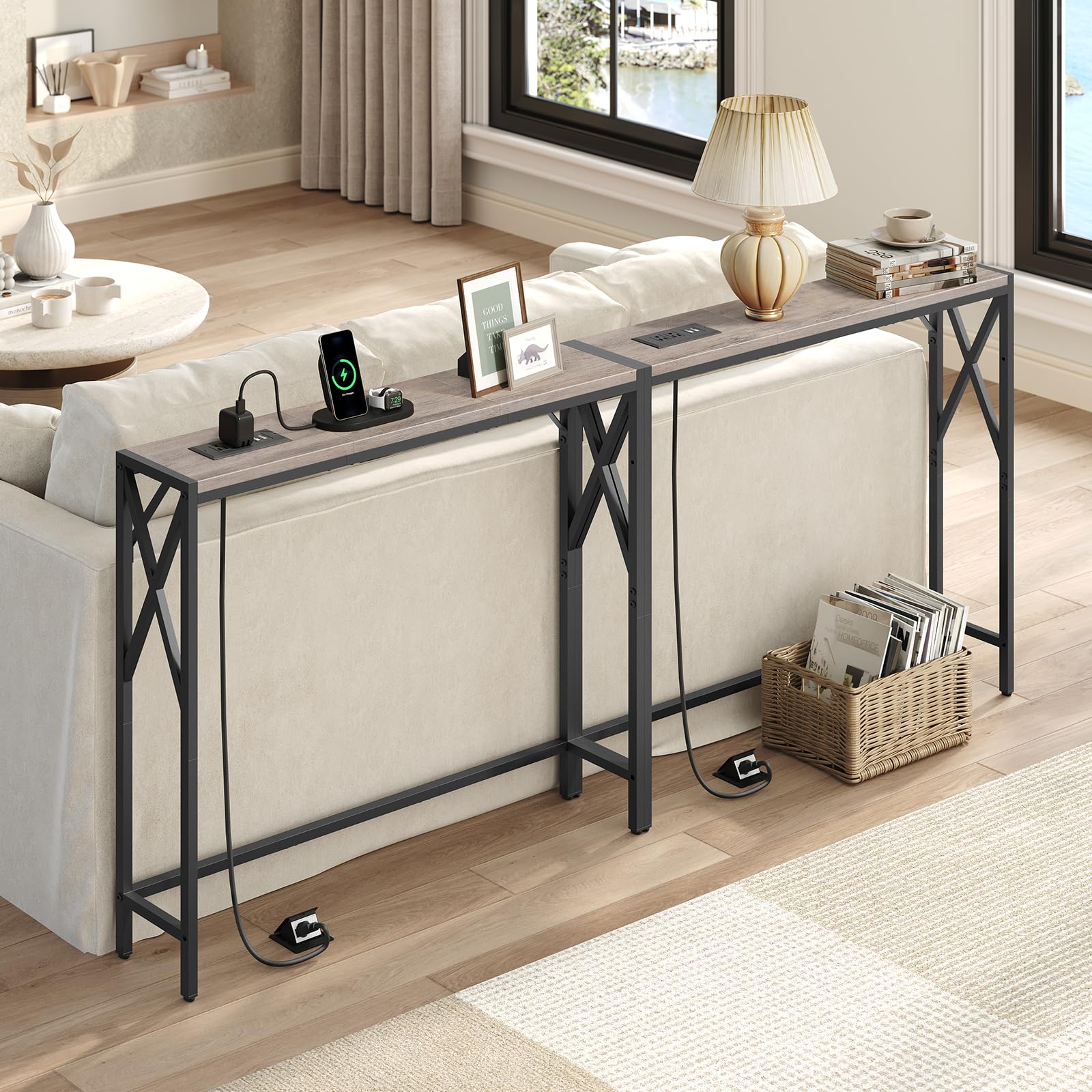 MAHANCRIS 70.8'' Narrow Sofa Table with Charging Station, 2 Pack Skinny Console Table, Long Entryway Hallway Couch Table with Power Outlets, Greige