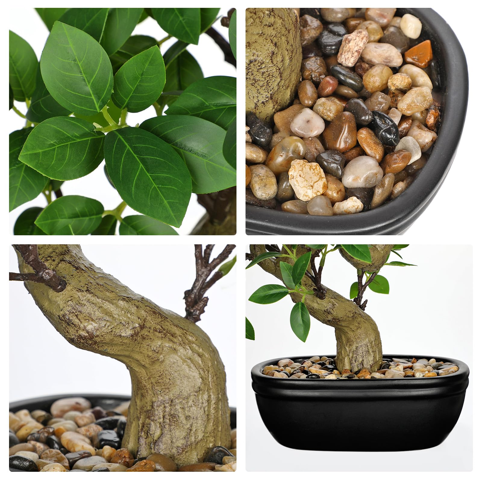 Künstlicher Bonsai-Baum, 32 cm, künstliche Ficus-Pflanze im Keramiktopf mit Kieselsteinen, künstliche grüne Topfpflanze für Zuhause, Büro, Schreibtisch, Dekoration, Innenbereich, Zen-Tischdekoration