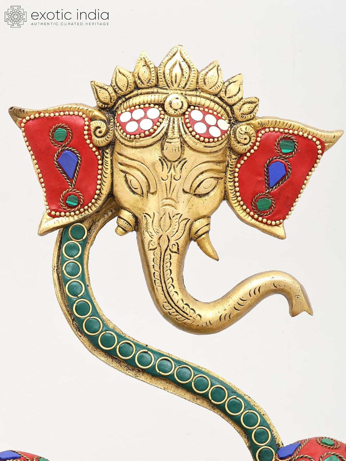 Exotic India 9" Lord Ganesha Wick Oil Lamp Brass Statue with Inlay Work Idol for Ritual Puja Temple Room, Arti Diya, Deepak, Home Décor & Festive