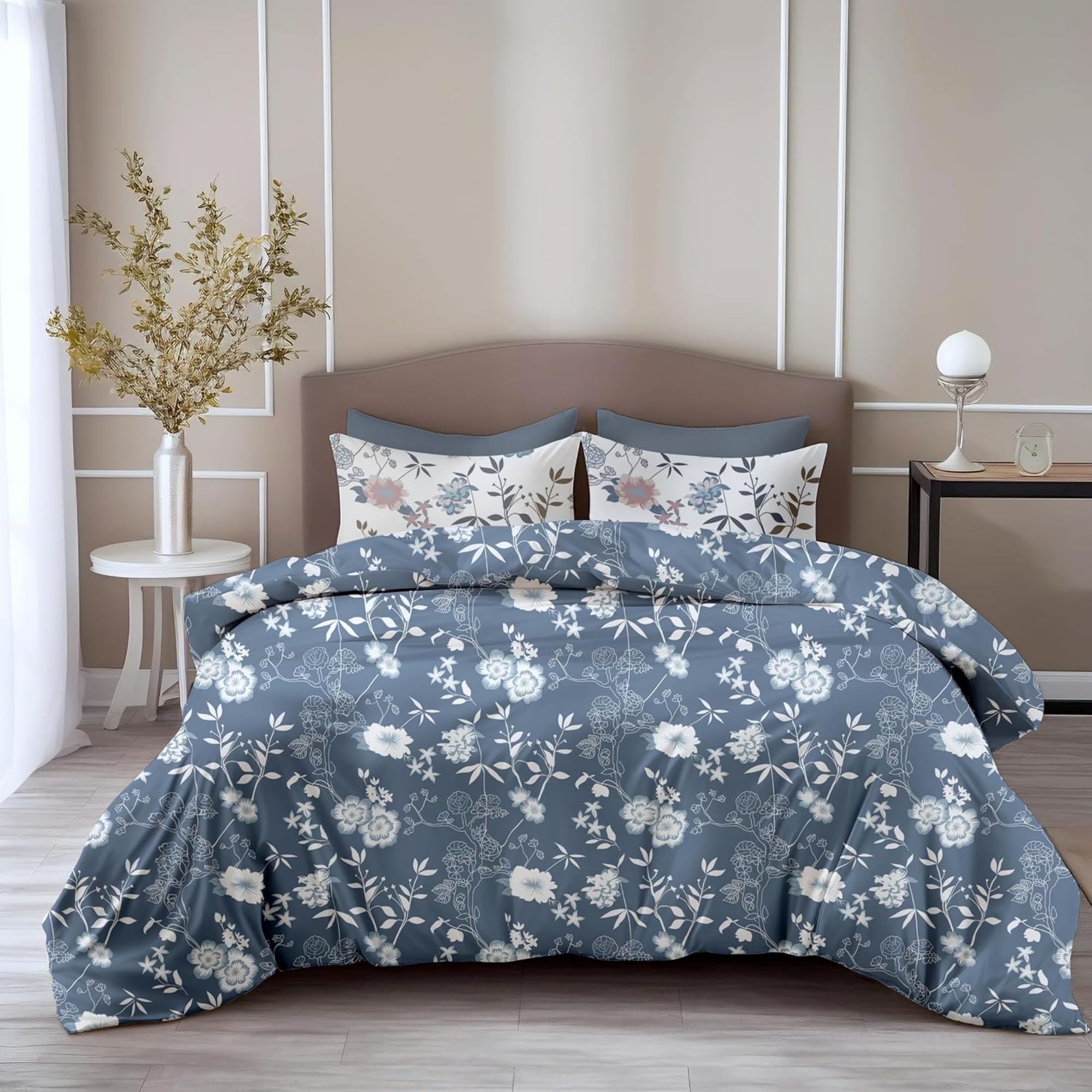 LORETO - A QUALITY LINEN BRAND 100% Pure Cotton Bedsheet for King Size Bed, 144TC Soft & Breathable King Size Bed Sheet Cotton with 2 Pillow Covers (Blush Blue Floral Vines,104 x 104 Inches)