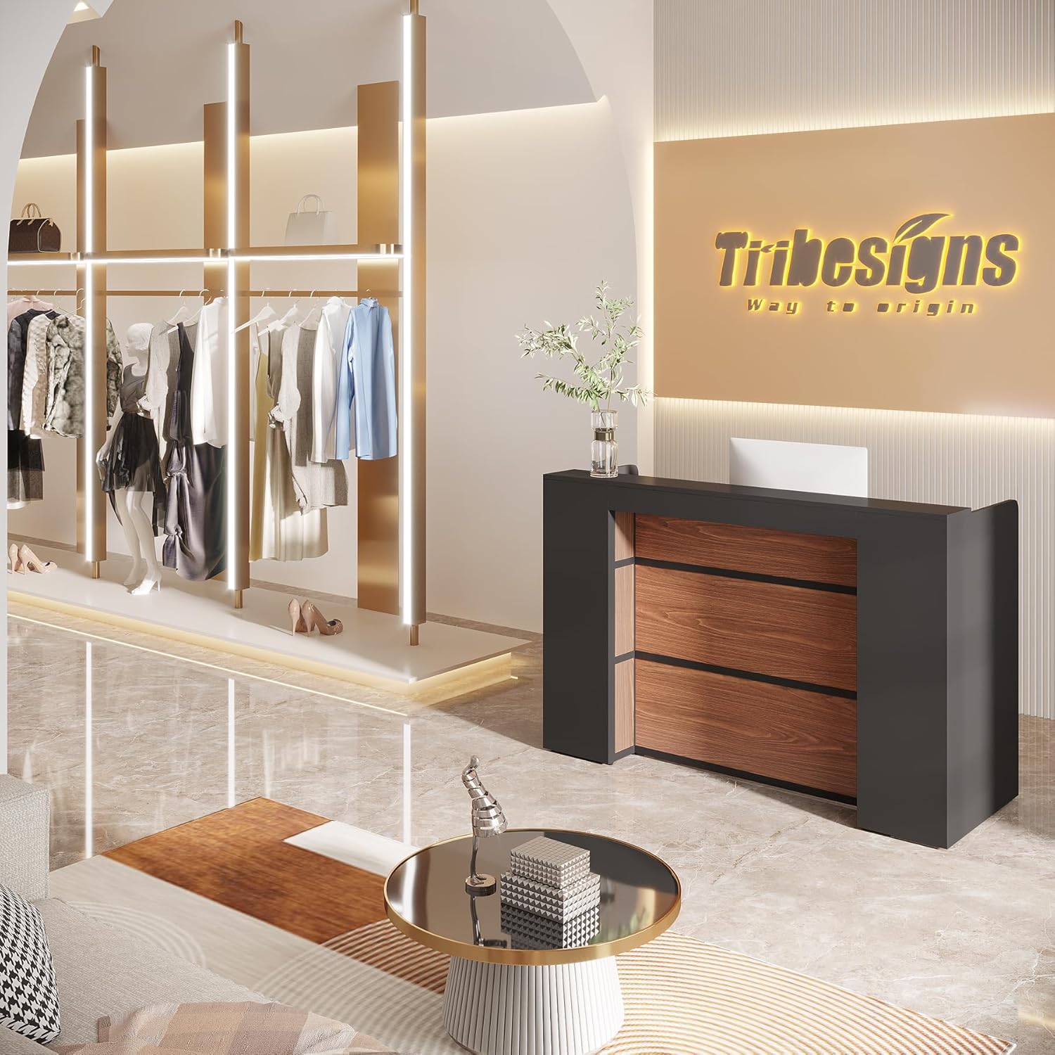 Tribesigns Modern Reception Desk with LED Lights, 63 Inches Front Counter Table for Reception Room (Black&Brown)