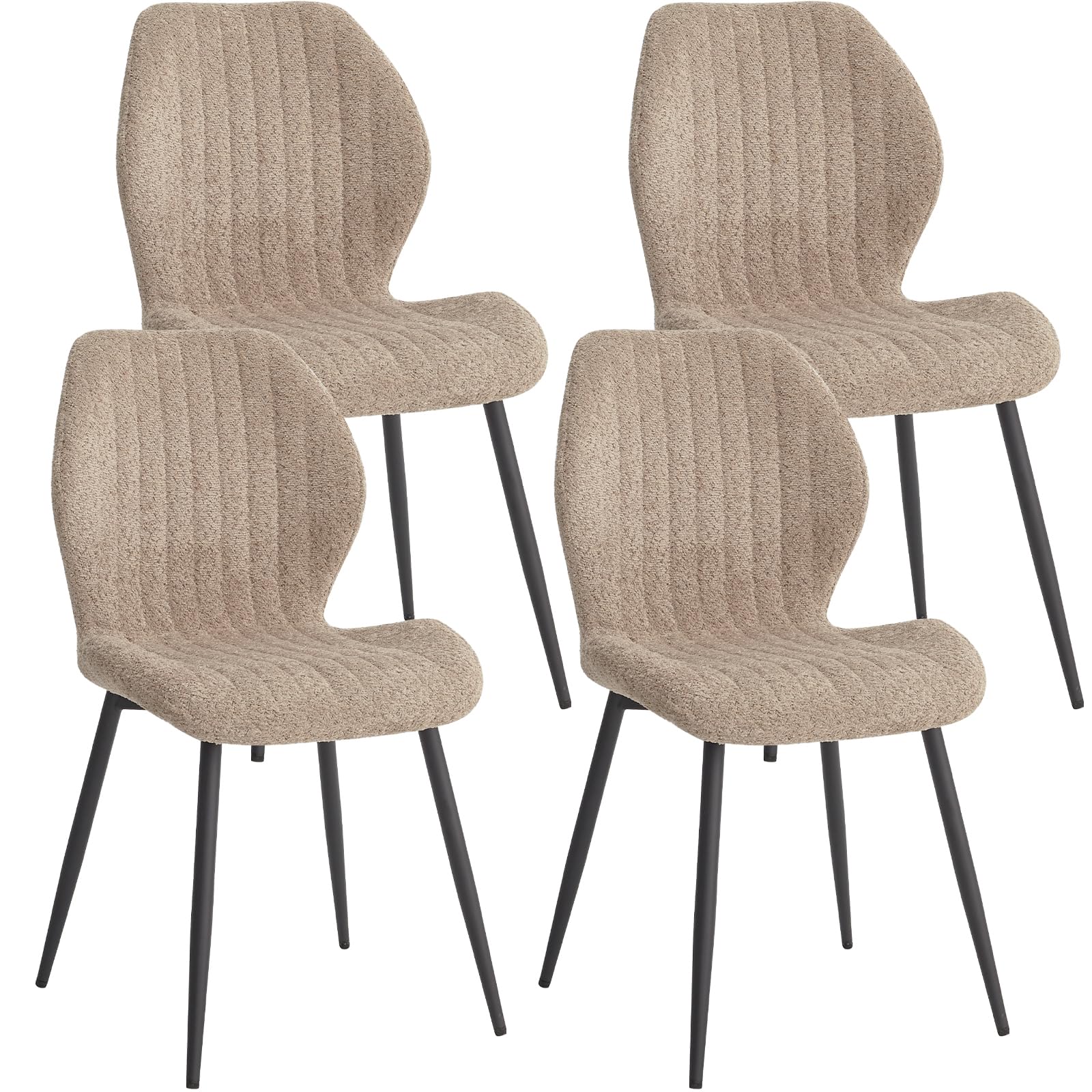Lecafur HL Boucle Dining Chairs Set of 4, Modern Minimalist Upholstered Kitchen Chairs with Contoured Back and Metal Legs, Brown