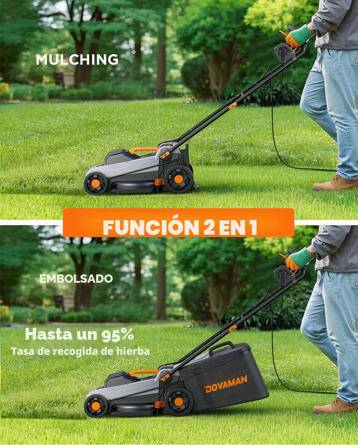 DOVAMAN LA36A Cortacésped Eléctrico 1500W, 36cm Corte, 95% Recogida, Altura 6 Posiciones, Cesto 40L, 2-en-1 Mulching & Recolección, Empuñadura Plegable, Ideal para Jardín & Cuidado del Césped