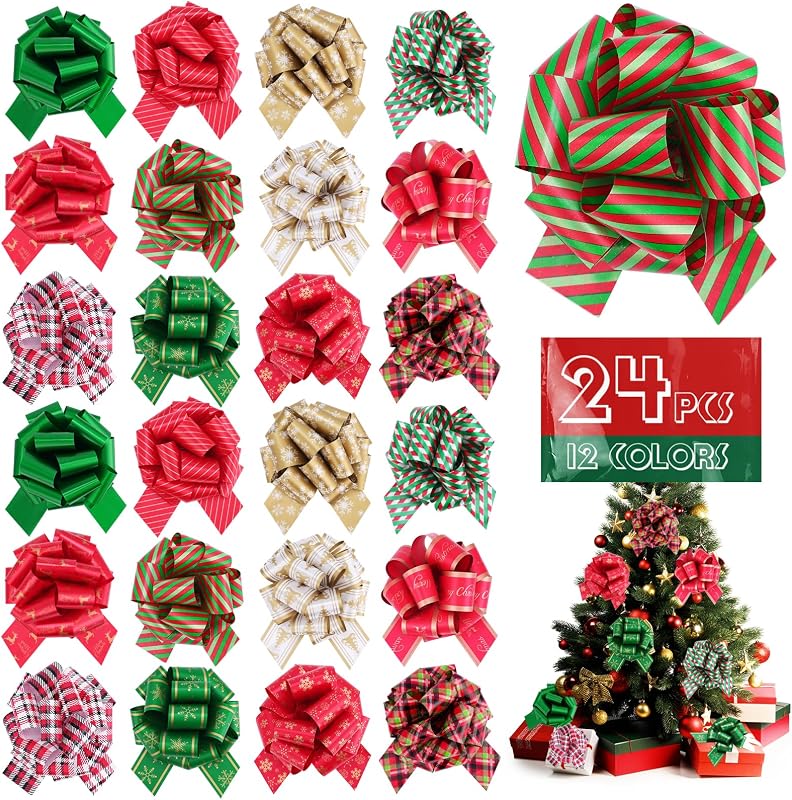24 PCS Bows for Gift Wrapping, 12 Colors 5 Inch Reusable Multicolor Pull Bows, Red and Green Pull Bows for Gift Presents, Gift Bows for Christmas Tree, Gift Baskets.