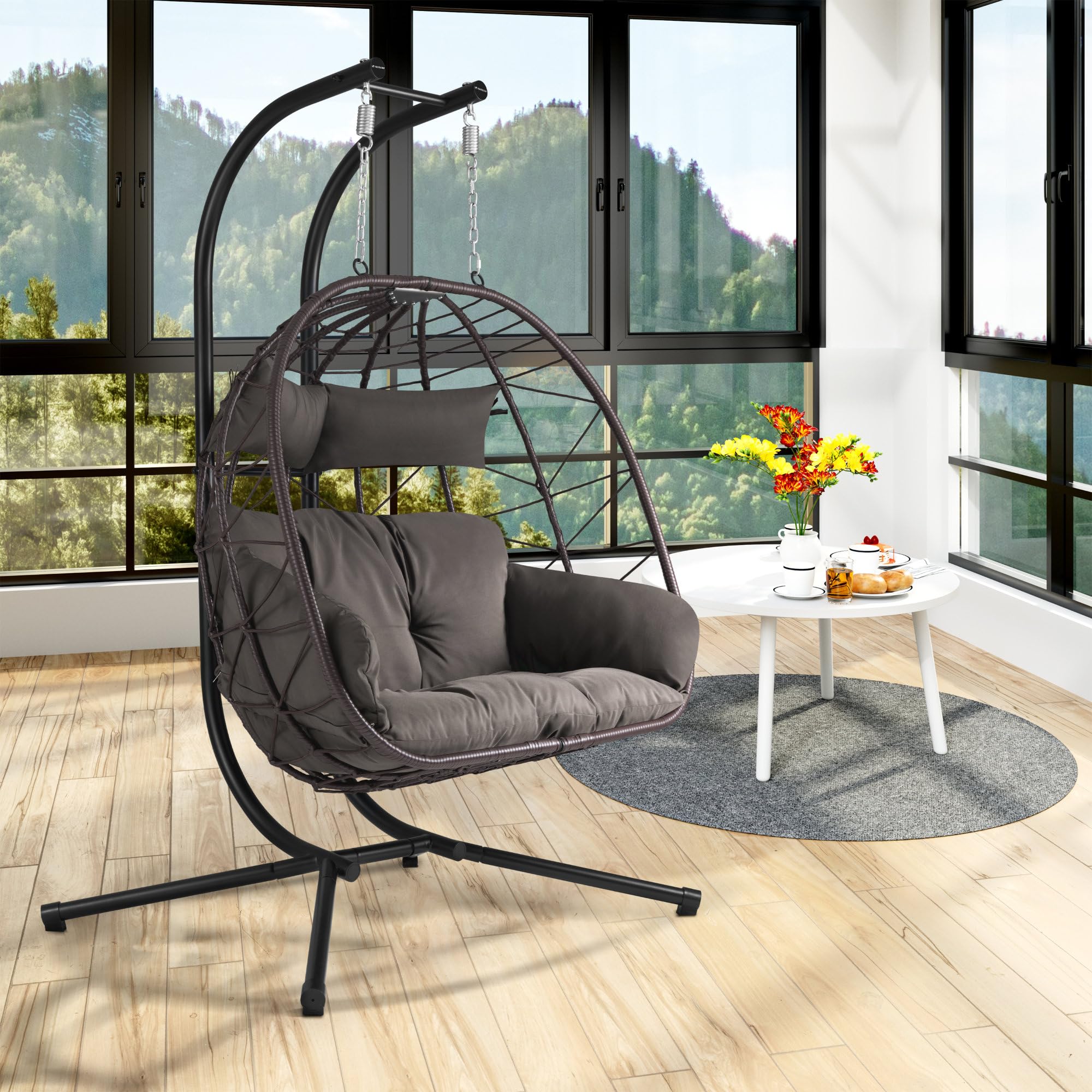 Fauteil hamac pour 2 Personnes avec châssis | Marron | Balançoire Suspendue XXL pour l’intérieur,l’Exterieur, terrasse | Fauteuil 2 Places en Osier, Fauteuil Suspendu en Oeuf
