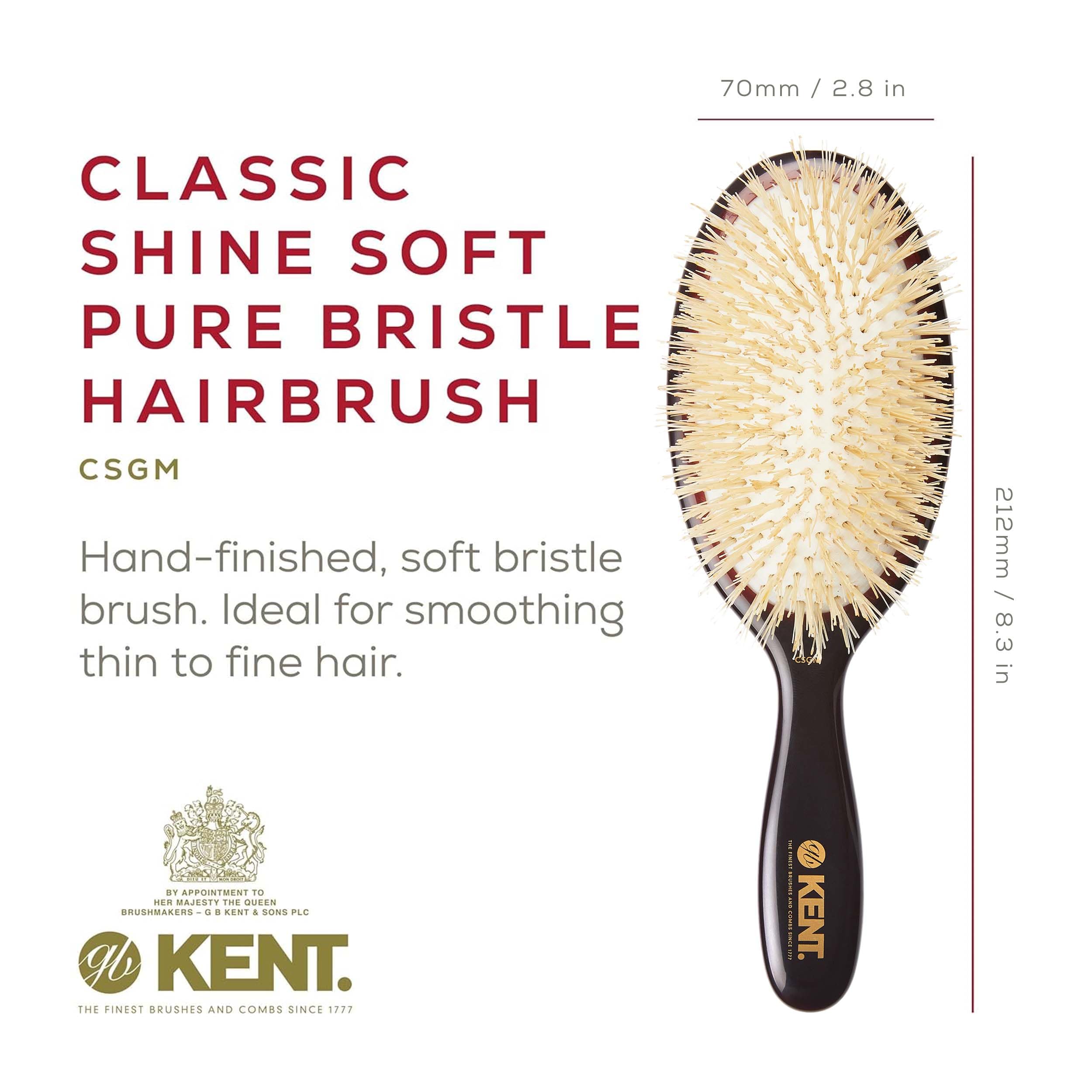 Kent CSGM Classic Shine - Cepillo alisador ovalado mediano de 7.75 pulgadas y desenredante de cabello, cepillo de cerdas de jabalí blanco suave, cepillo para cabello brillante y limpiador de cuero