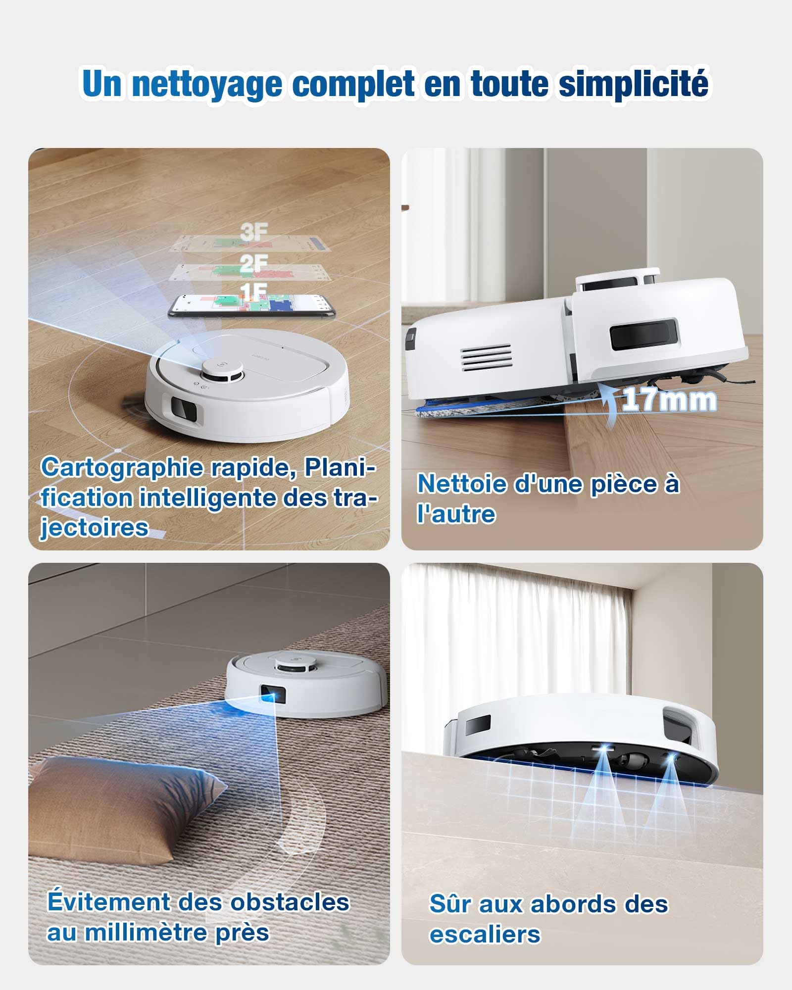 ECOVACS DEEBOT Mini Aspirateur Robot, Aspiration 9 000 Pa, ZeroTangle 2.0, TrueMapping 2.0, séchage à 45 ℃, vidage Auto, Lavage Intelligent en Profondeur, Nettoyage Auto en Un clic, Bleu