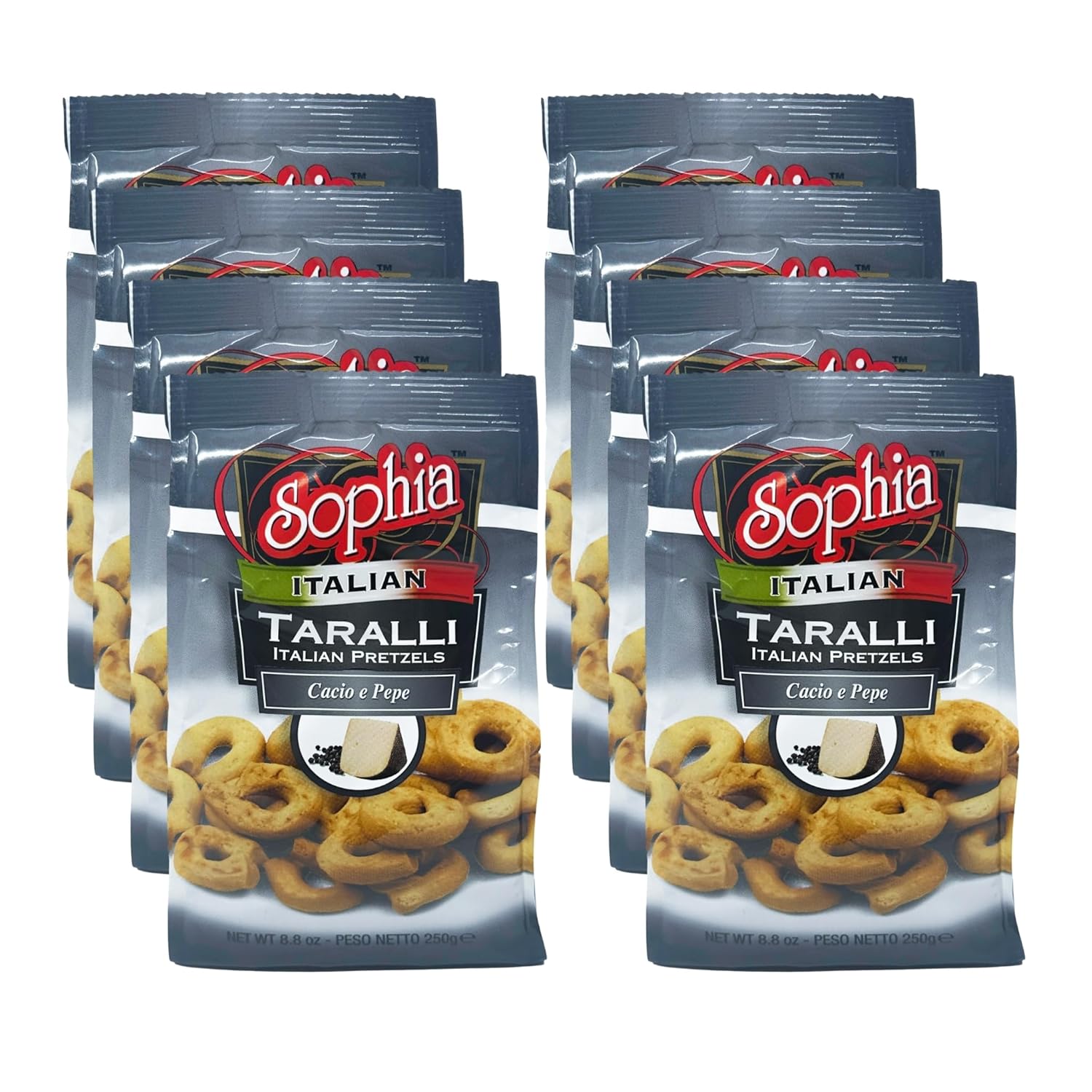 Sophia Taralli Italian Pretzels - Cacio e Pepe 8.8oz (8-Pack) | Rustic Italian Bakery Crackers with Cheese & Black Pepper | Imported Taralli for Charcuterie & Snacking | Authentic Italian Snacks