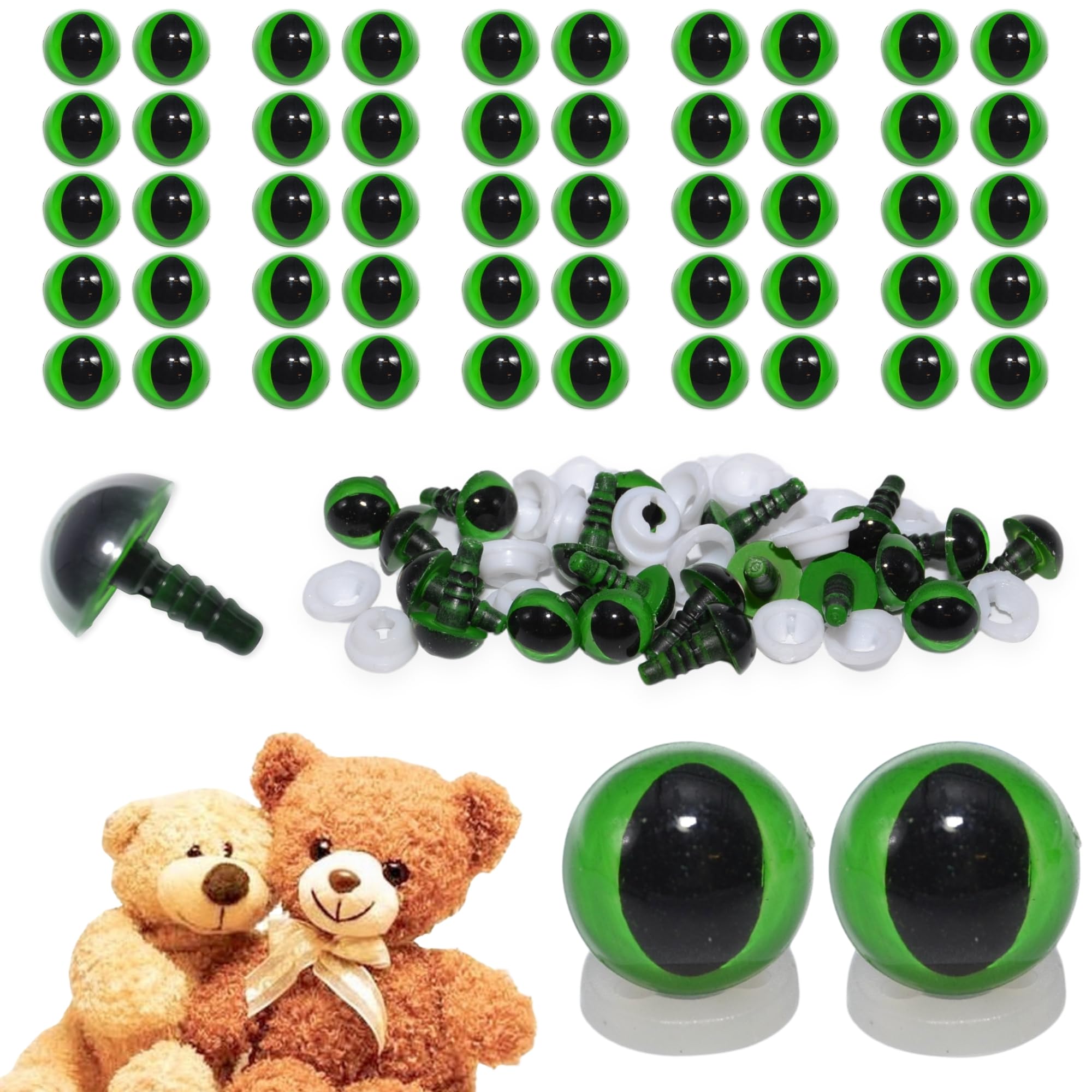 celloexpress 10mm Green Cats Eyes with Plastic Backs - Safety Eyes for Soft Toy Teddy Bear Animal Making (Pack of 25 Pairs)