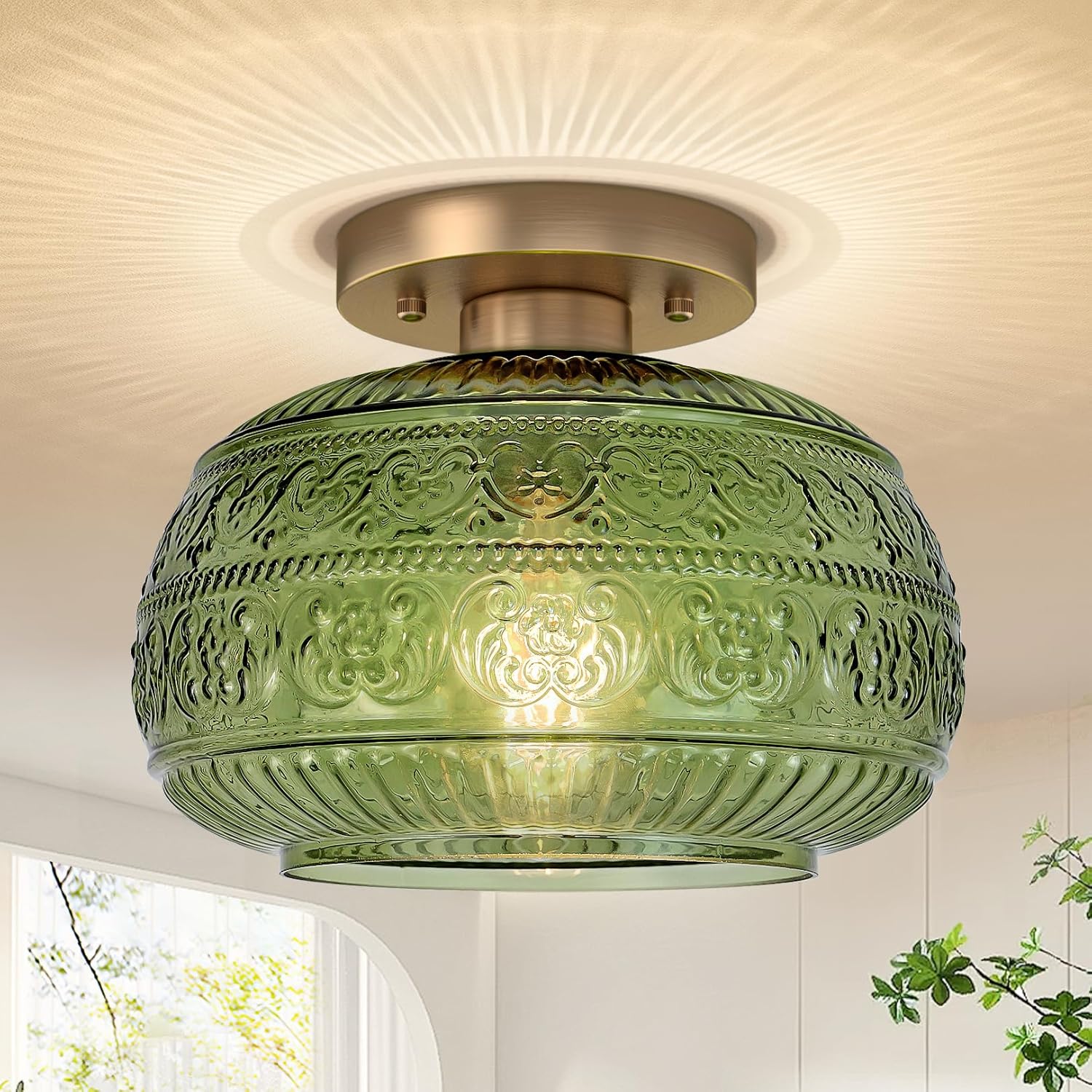 Semi Flush Mount Ceiling Light, Upgraded Modern Close to Ceiling Light Fixture with Green Glass,Gold Indoor Kitchen Lighting for Porch Corridor Hallway Bedroom, Bulb Not Included Green 9in