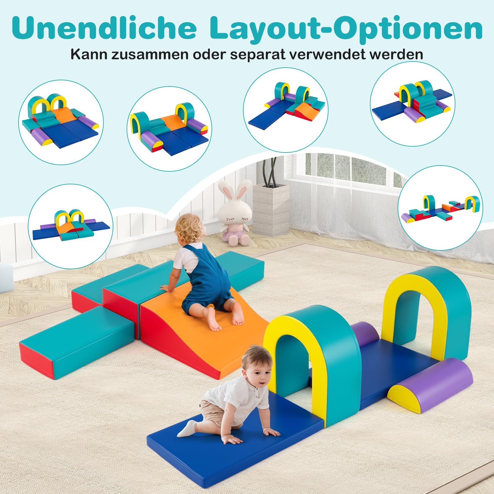 COSTWAY 10 teilige Schaumstoff Bausteine, Softbausteine für Baby zum Krabbeln, Klettern & Rutschen, Riesenbausteine aus PU & Schaumstoff, Großbausteine XXL Indoor für Kleinkinder ab 1 Jahr (Grün)