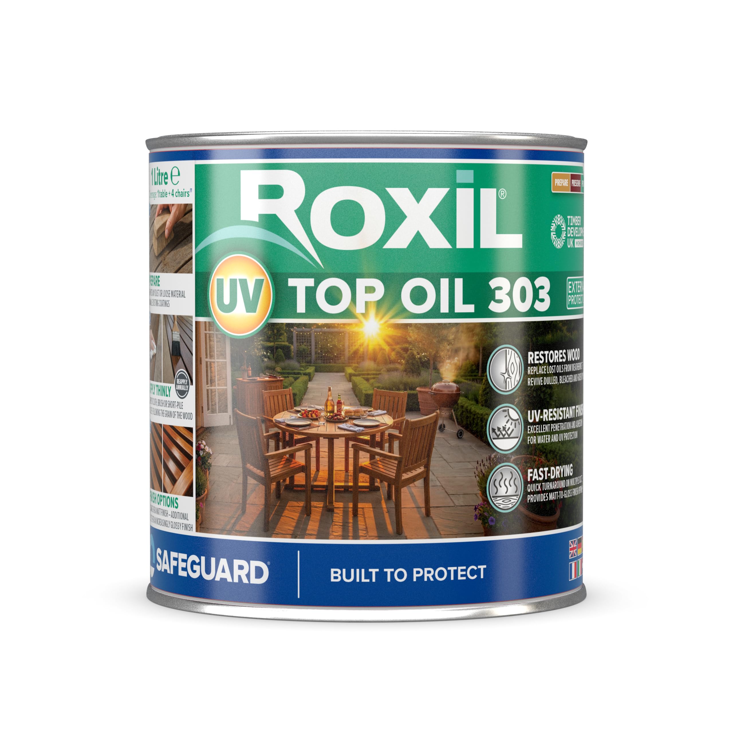 Roxil UV Top Oil 303 (1l, Clear Matt-to-Gloss Finish) | UV Resistant Outdoor Wood Oil for Furniture, Decking, Sheds & Planters. Weatherproof, Long-Lasting Wood Protection