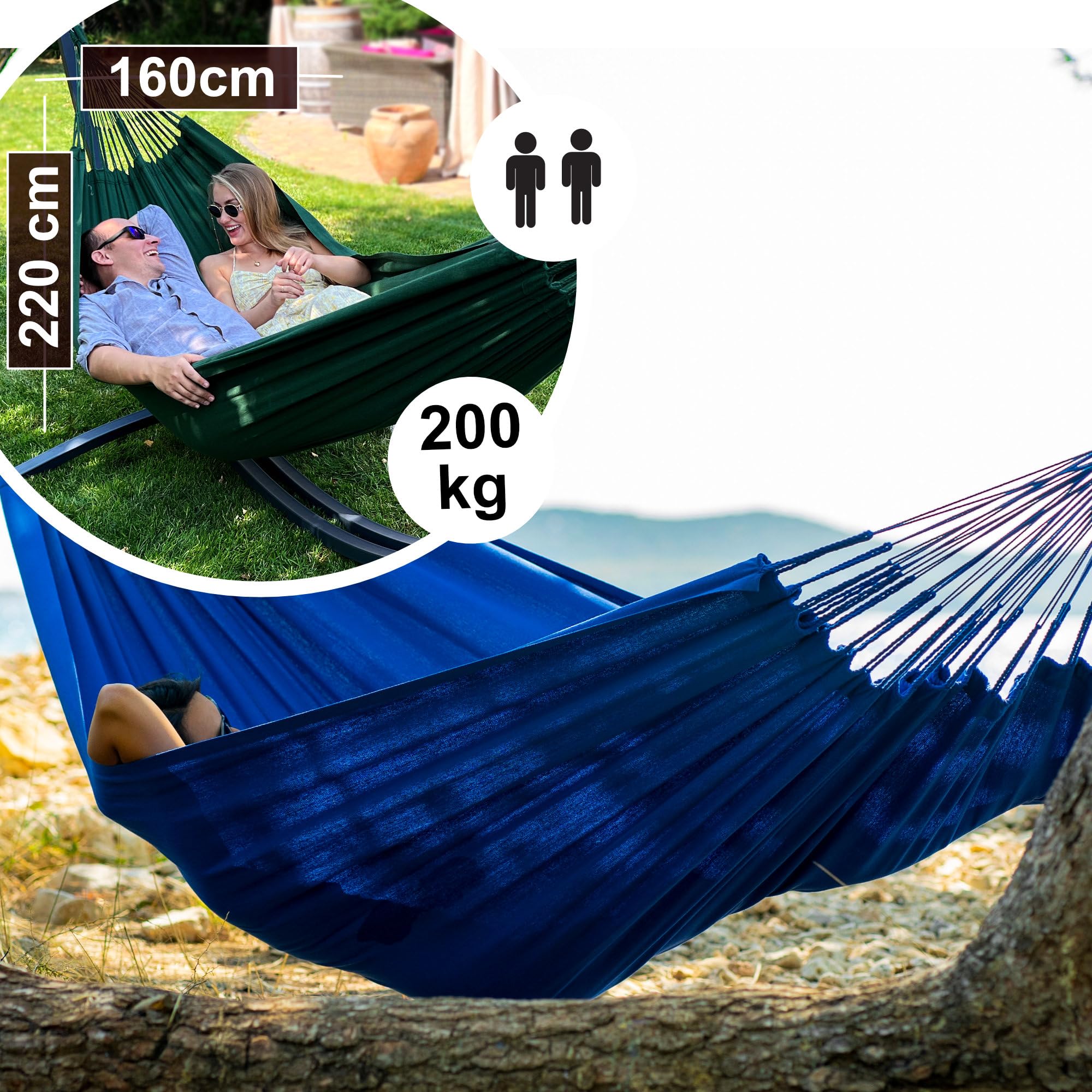 merida hängematten Potenza Outdoor Hängematte 220 x 160 cm, Belastbarkeit bis 220 kg I Boho Doppelhängematte XXL (Blau) Garten Category:Rahmen & Anbauteile_Schlagfester Hochleistungskunststoff Cover and Basic Maneuvers Abmessungen (LxH mm):1000 x 800