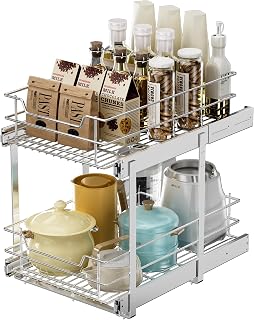 EZKAZA Pull Out Cabinet Organizer for Kitchen Utensil 14.5" W x 21" D, 2-Tier Cabinet Pullout Shelves and Drawer Organizer Slide Out Pantry Storage Basket, Bottom Basket 13.2" W x 20.4" D x 4.7" H