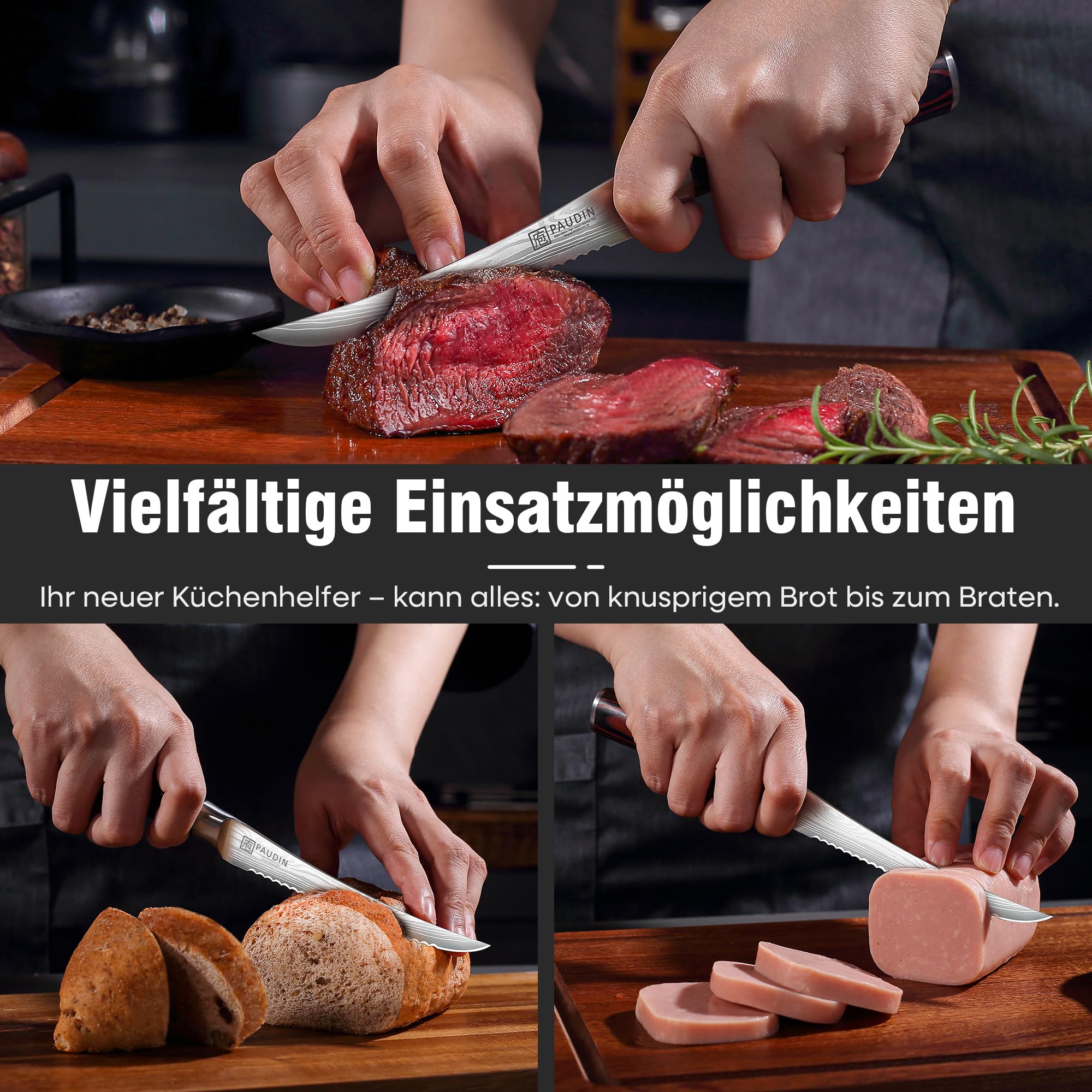 PAUDIN Tomatenmesser 13 CM, Professionelles Küchenmesser für Tomaten, Messer für weiches Obst und Gemüse, Anti-Haft frühstücksmesser, buttermesser mit Scharfes Klinge und Ergonomischer Holzgriff