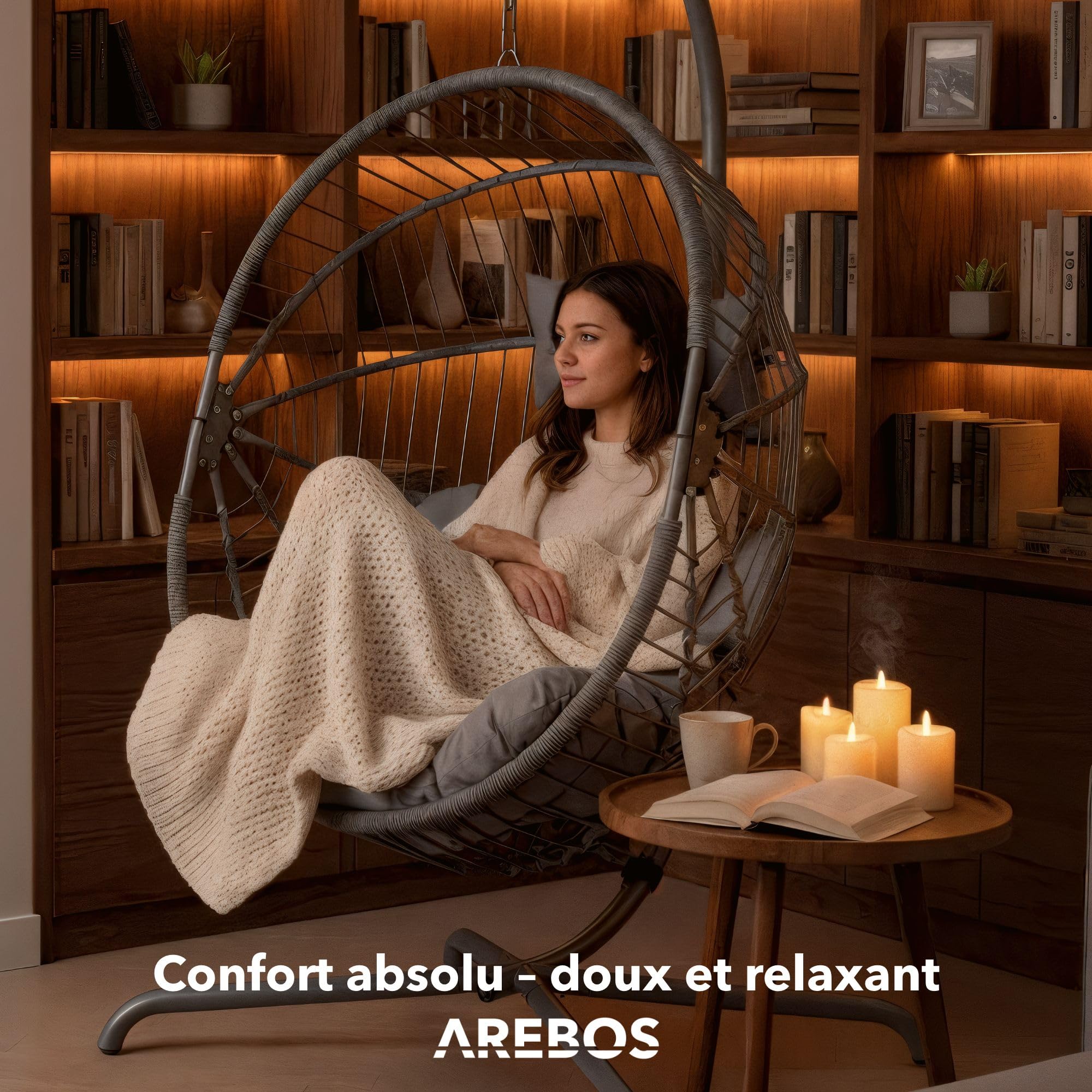 Arebos Fauteuil Suspendu avec Armature | Fauteuil Œuf Autoportant pour Jardin & Balcon | Hauteur Réglable 160–180 cm | Cadre en Acier Jusqu’à 130 kg | avec Coussins d’Assise et de Nuque