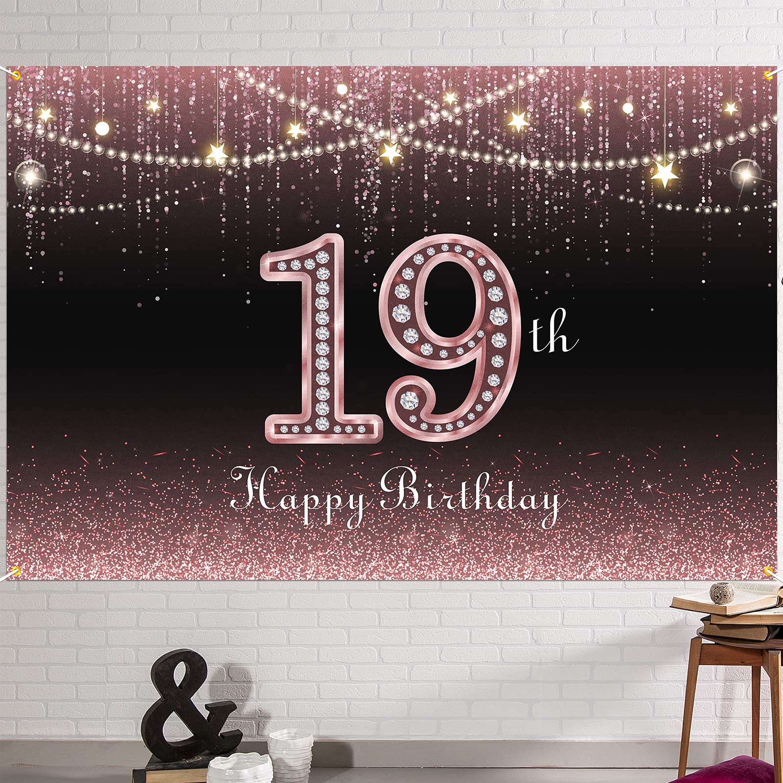 HAMIGAR 6x4ft Happy 19th Birthday Banner Backdrop - 19 Years Old Birthday Decorations Party Supplies for Women - Rose Gold