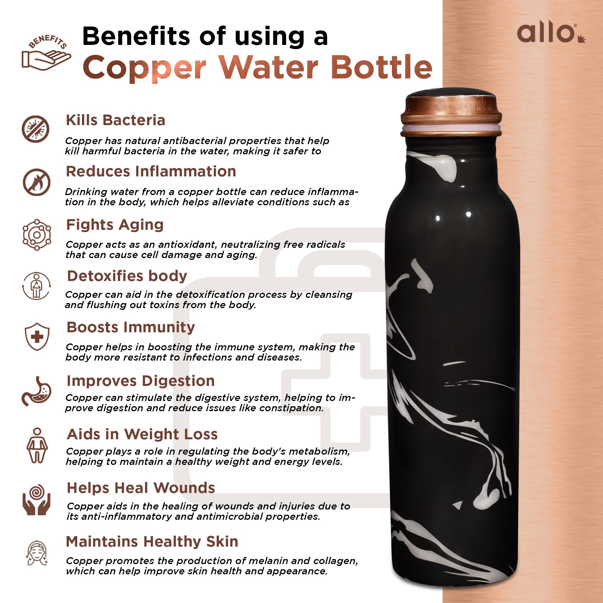 Allo Pure Copper Water Bottle - 1L Leakproof -4