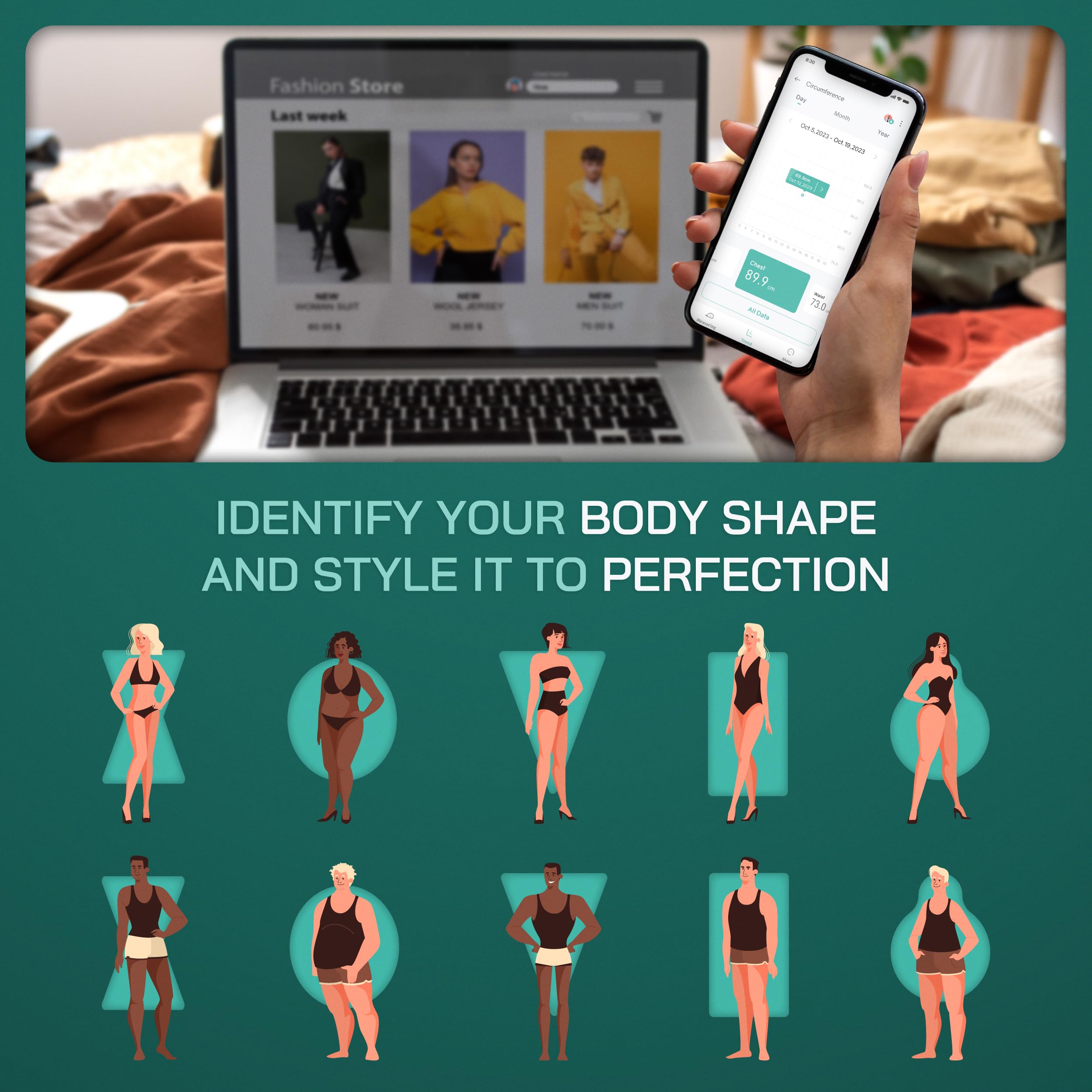 Smart Body - Cinta métrica Inteligente con aplicación, 2 Modos de medición y Unidades, Pantalla LCD Grande, diseño fácil de Usar, para Salud y Fitness