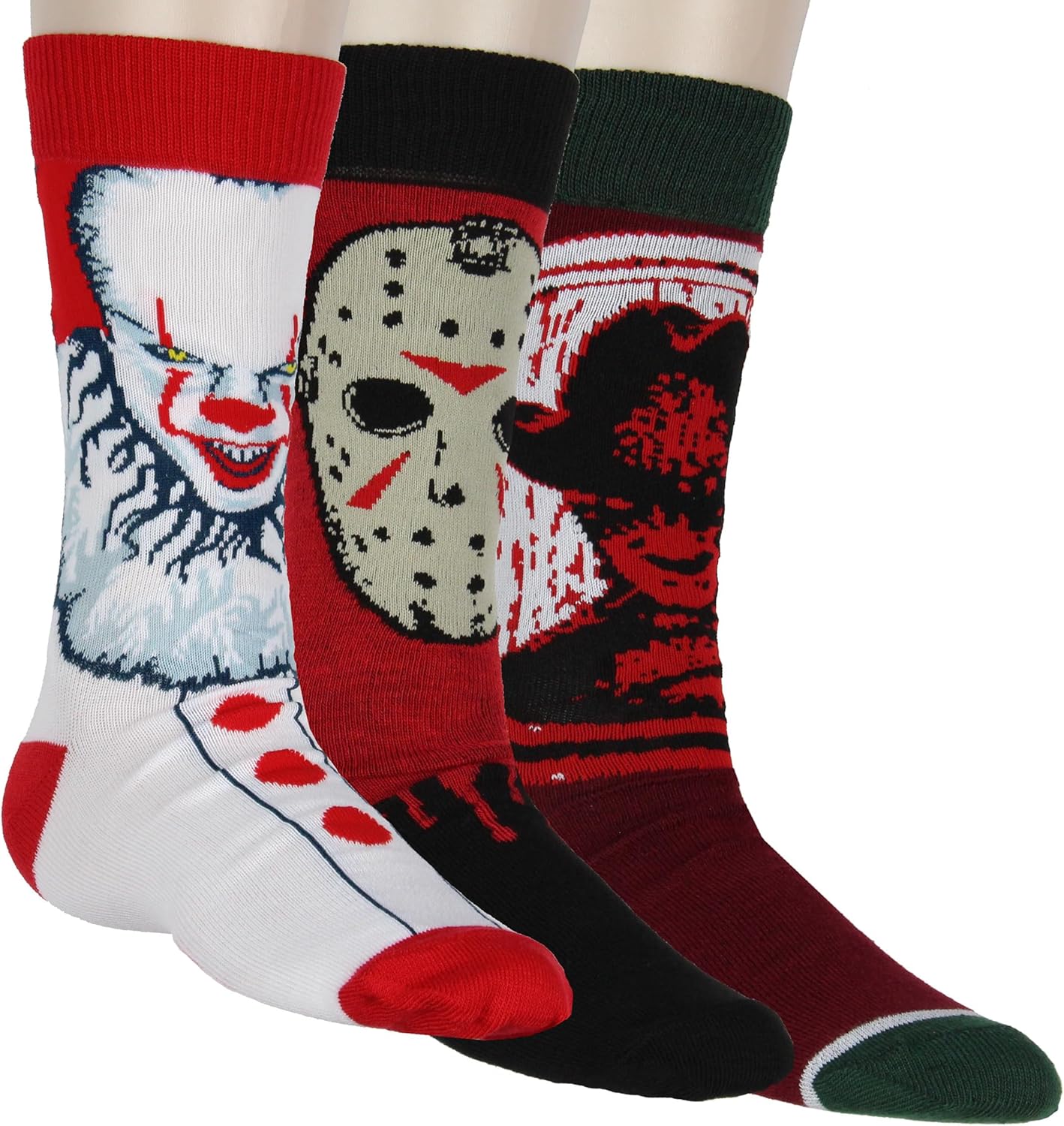 Hyp Horror Movie Socks Men's Pennywise Jason Voorhees And Freddy Krueger 3 Pack Mid Calf Crew Socks Shoe Size 6-12