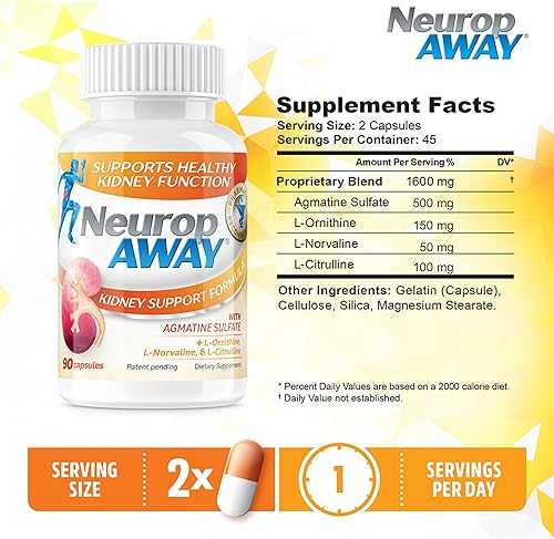 Miniatura 2 de NeuropAWAY Fórmula de apoyo renal sin azúcar con sulfato de agmatina 500 mg L-novalina 50 mg L-ornitina 150 mg L-citrulina 100 mg por cápsula 90CT