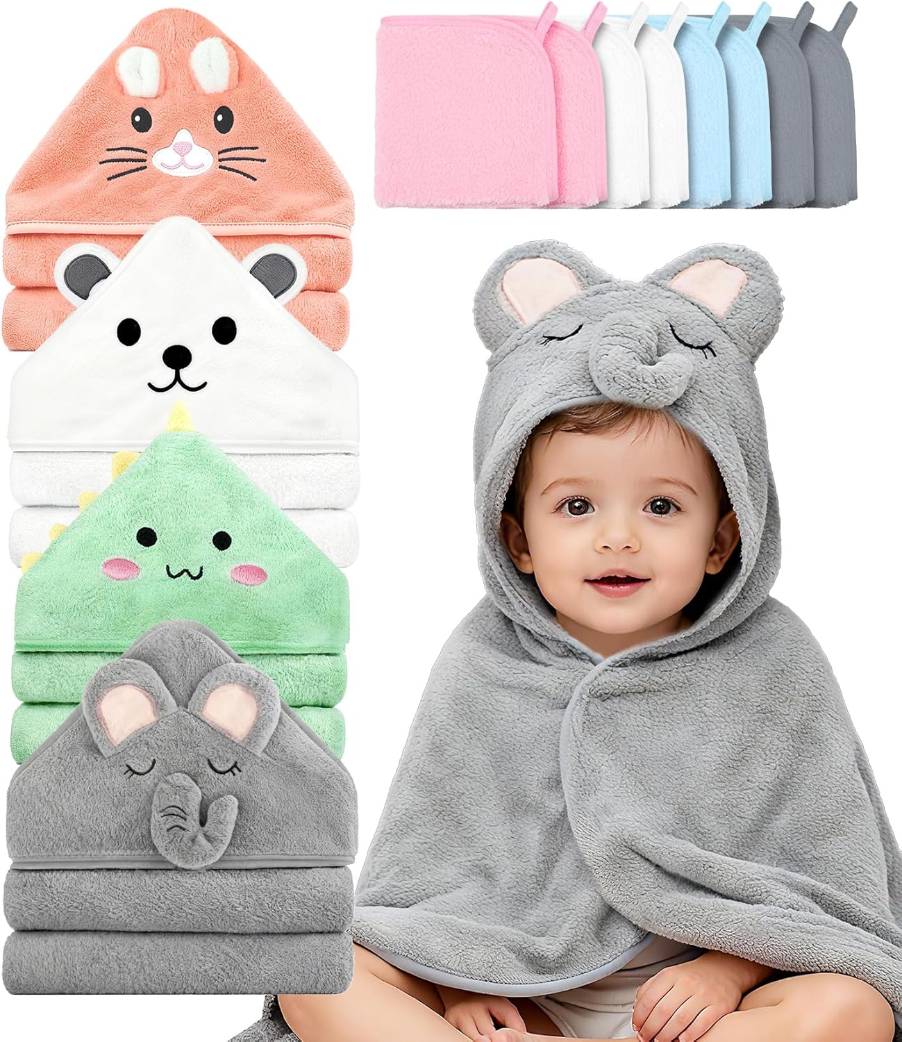 12 Pcs Baby Bath Towels Set for Boys Girls 4Pcs Hooded Baby Towels Robe & Washcloths Set Perfect Shower Gift Ultra Absorbent Cute Soft and Comfort, for Newborn, Infant and Toddler