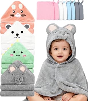 12 PCS Baby Bath Towels for Infants Toddlers, 4 PCS Animal Hooded Baby Towels + 8 PCS Washcloths Set, Ultra Absorbent Cute Soft Baby Towels for Newborn Bath Essentials Gifts for Boys Girls