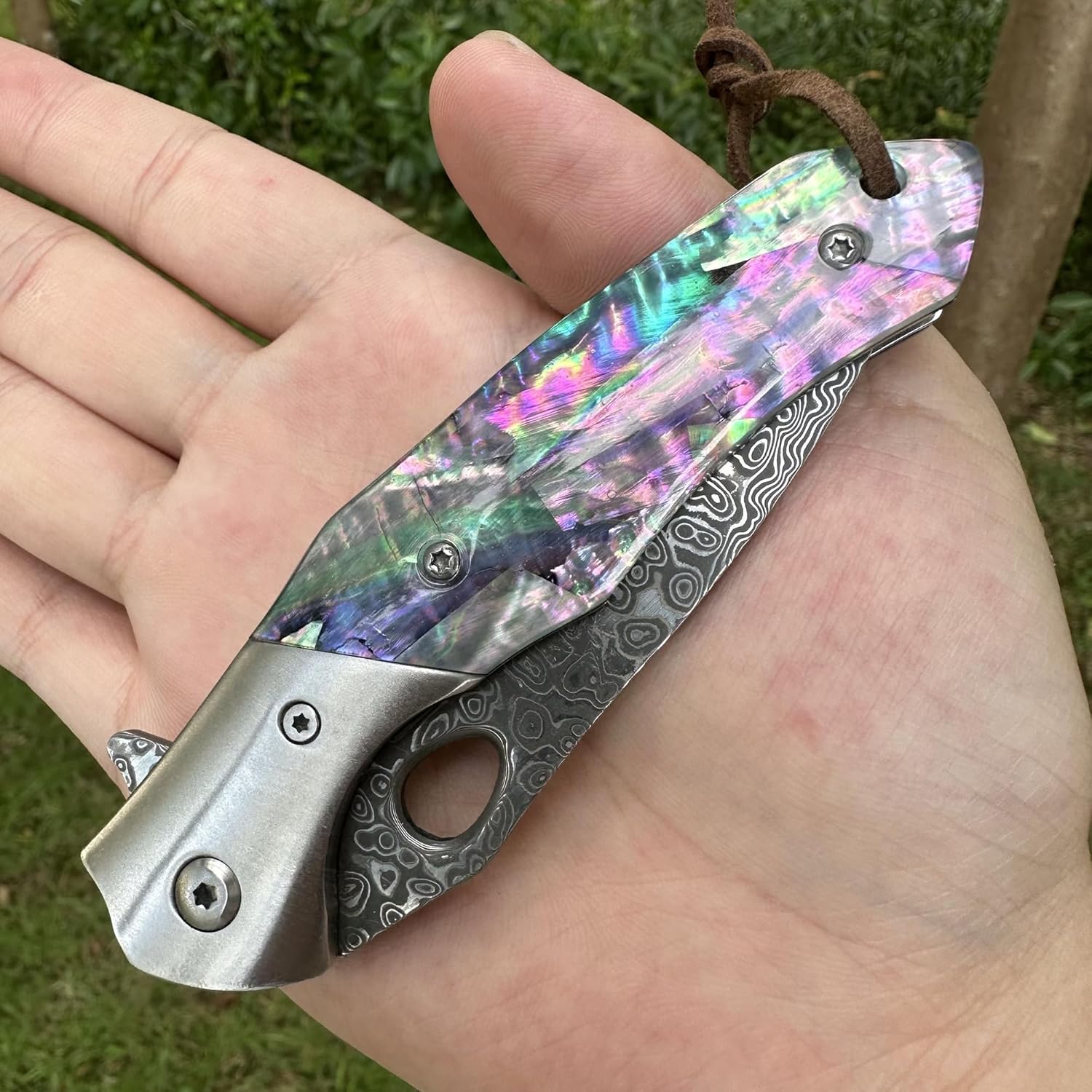 Damascus VG10 Steel Folding Pocket Knife, 3.15" Blade Abalone Handle EDC Knife with Mechanical Lock Pocket Clip for Men Women Camping Survival Hiking