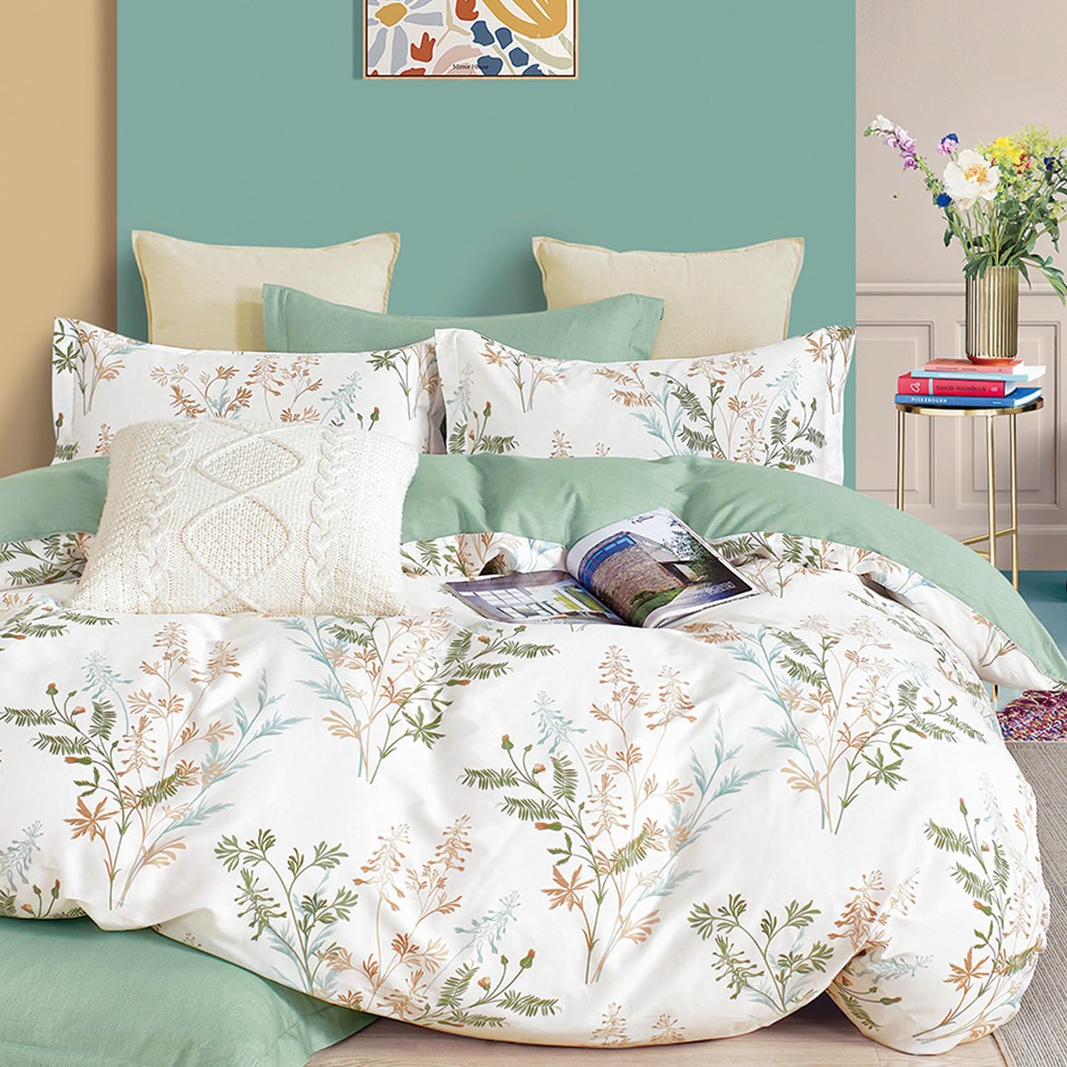 100% Natural Cotton 3pcs Queen Duvet Cover Sets-Green Duvet Cover with Luxurious Tan & Sage Leaves on White,Reversible Comforter Cover Sets with Button Closure(Queen,Botanical