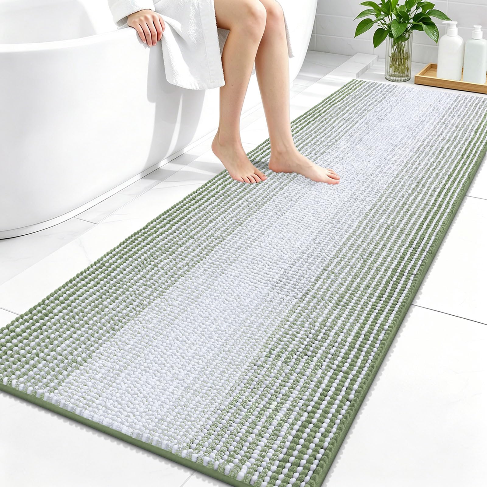 OLANLY Bathroom Runner Rugs 59x24, Chenille Striped Bath Rugs, Sage Green