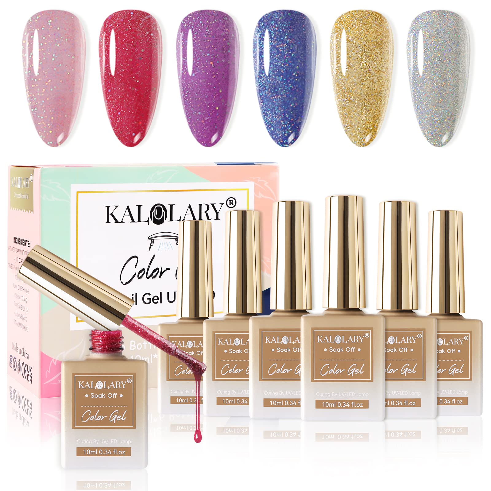 Kalolary Glitters Gel Polish Set, 6 Popular Bright Nail Art Sparkle