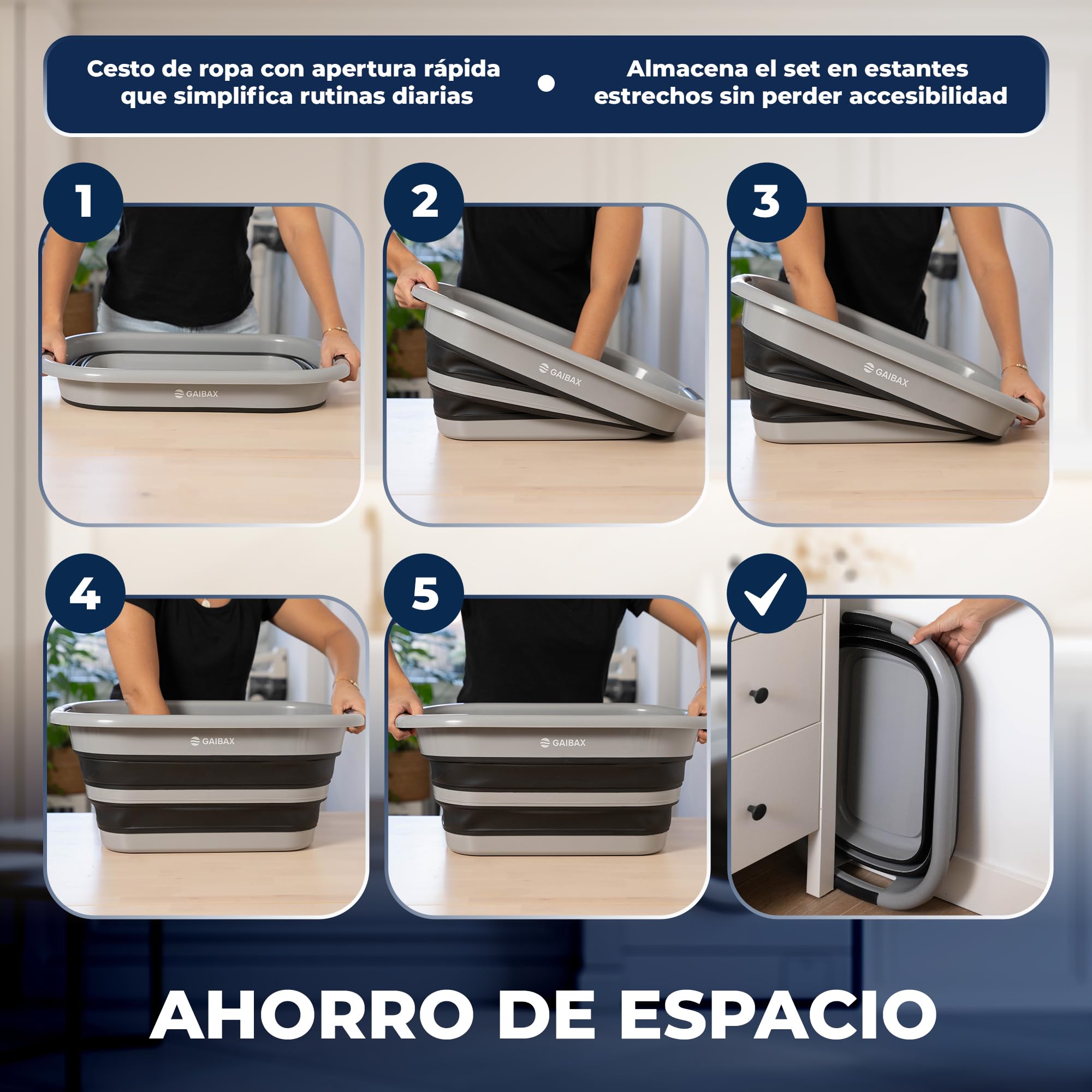Cesto Ropa Plegable de Colada | Barreño Plegable Incluido | Blanco/Gris | Gran Capacidad 26L | Cesta Multiuso para Colada y Almacenaje | Diseño Compacto Ahorra Espacio en Hogar y Camping (Gris/Negro)