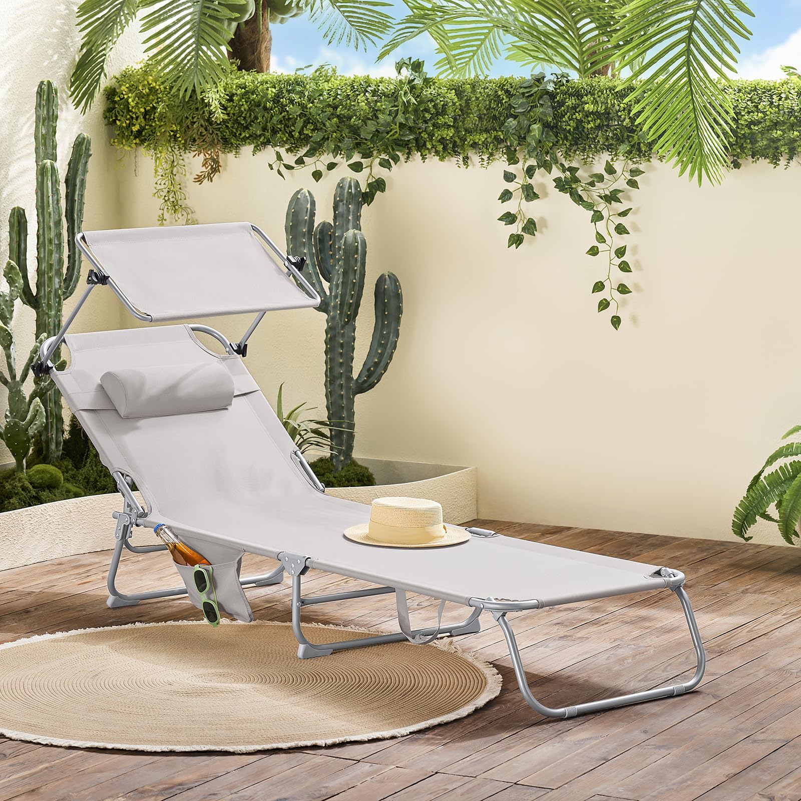 SoBuy Sdraio da Giardino Reclinabile Lettino Prendisole Pieghevole con Cuscino Tasca Laterale e Parasole Sedia Sdraio da Esterno per Patio Campeggio Spiaggia Beige 155x56x81cm OGS48-MI