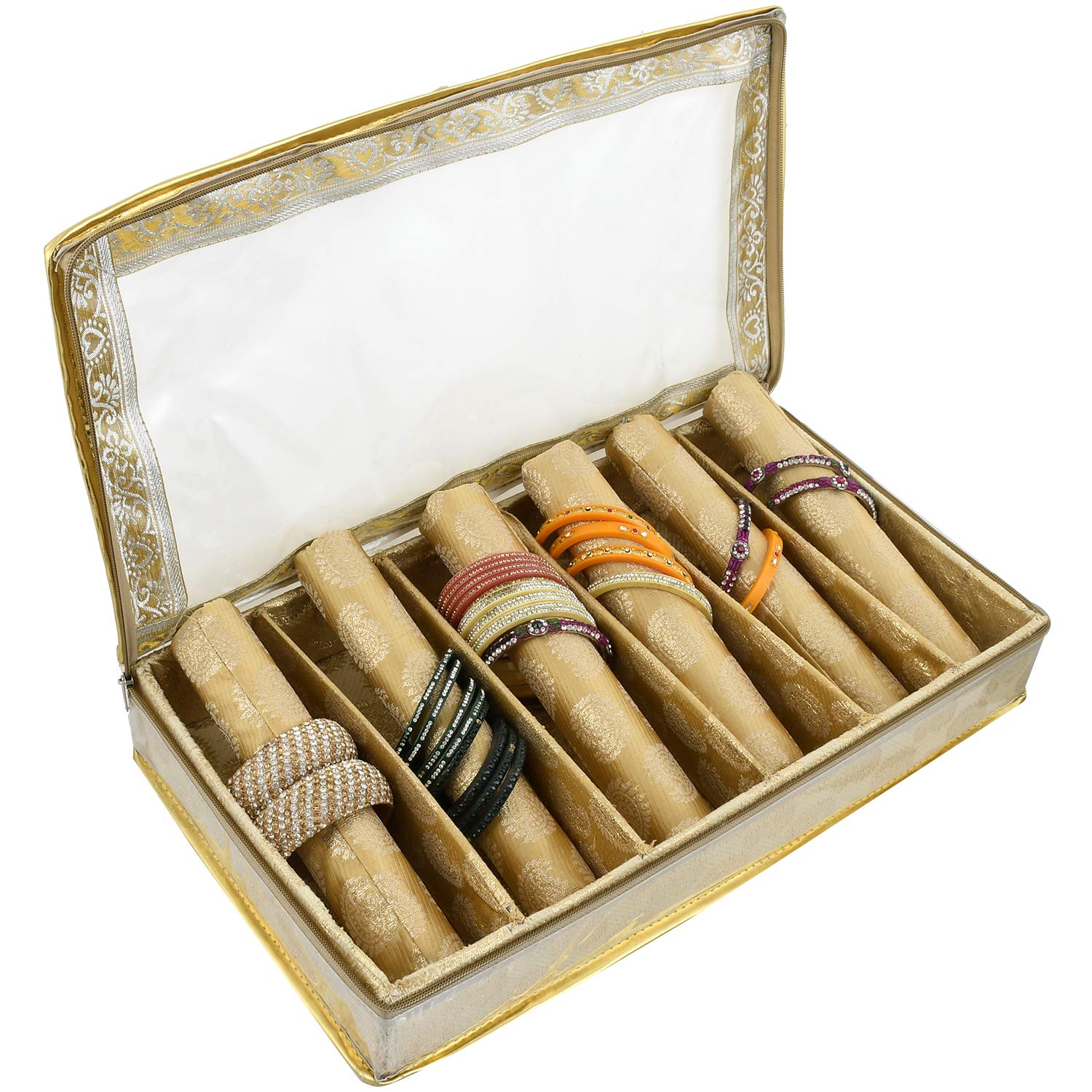 Kuber Industries Exclusive Carry Design Brocade Hardboard Six Rod Bangle Box (Gold) -CTLTC38758