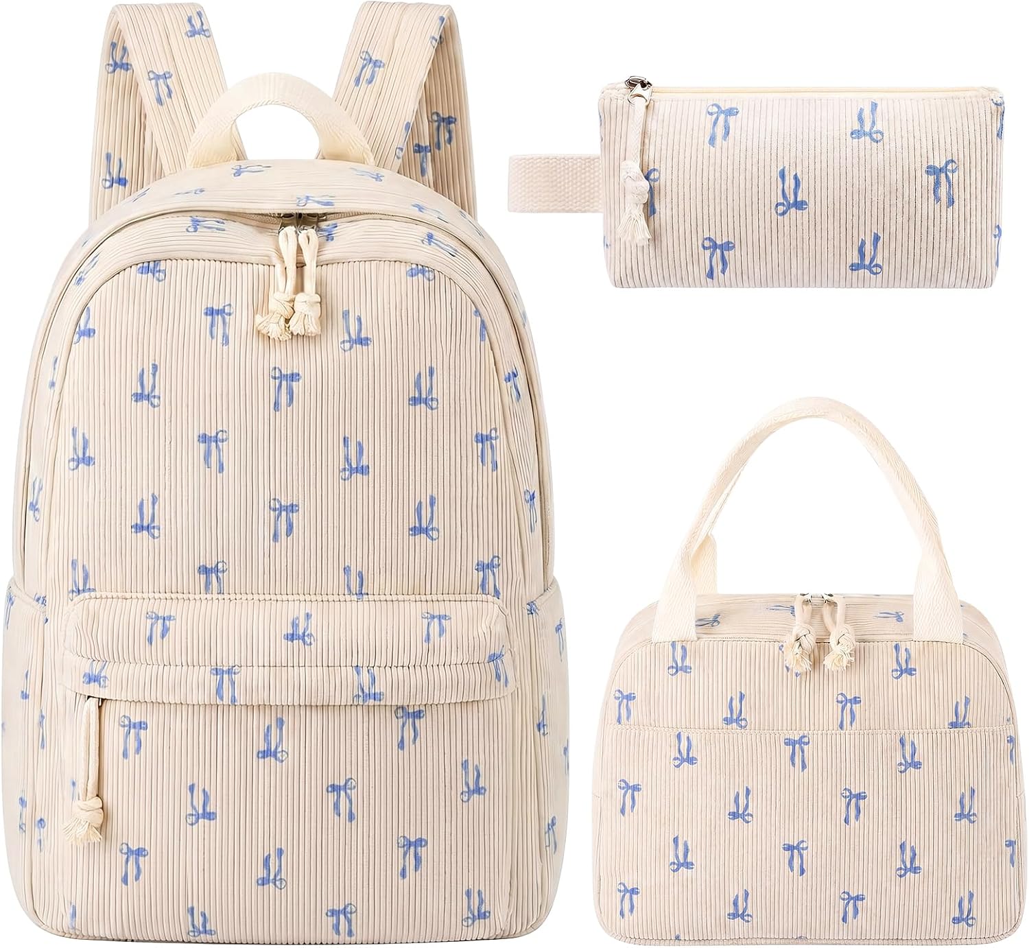 Dansydaisy Blue Bow Backpack Set for Cute Corduroy Backpack with Lunch Box and Pouch