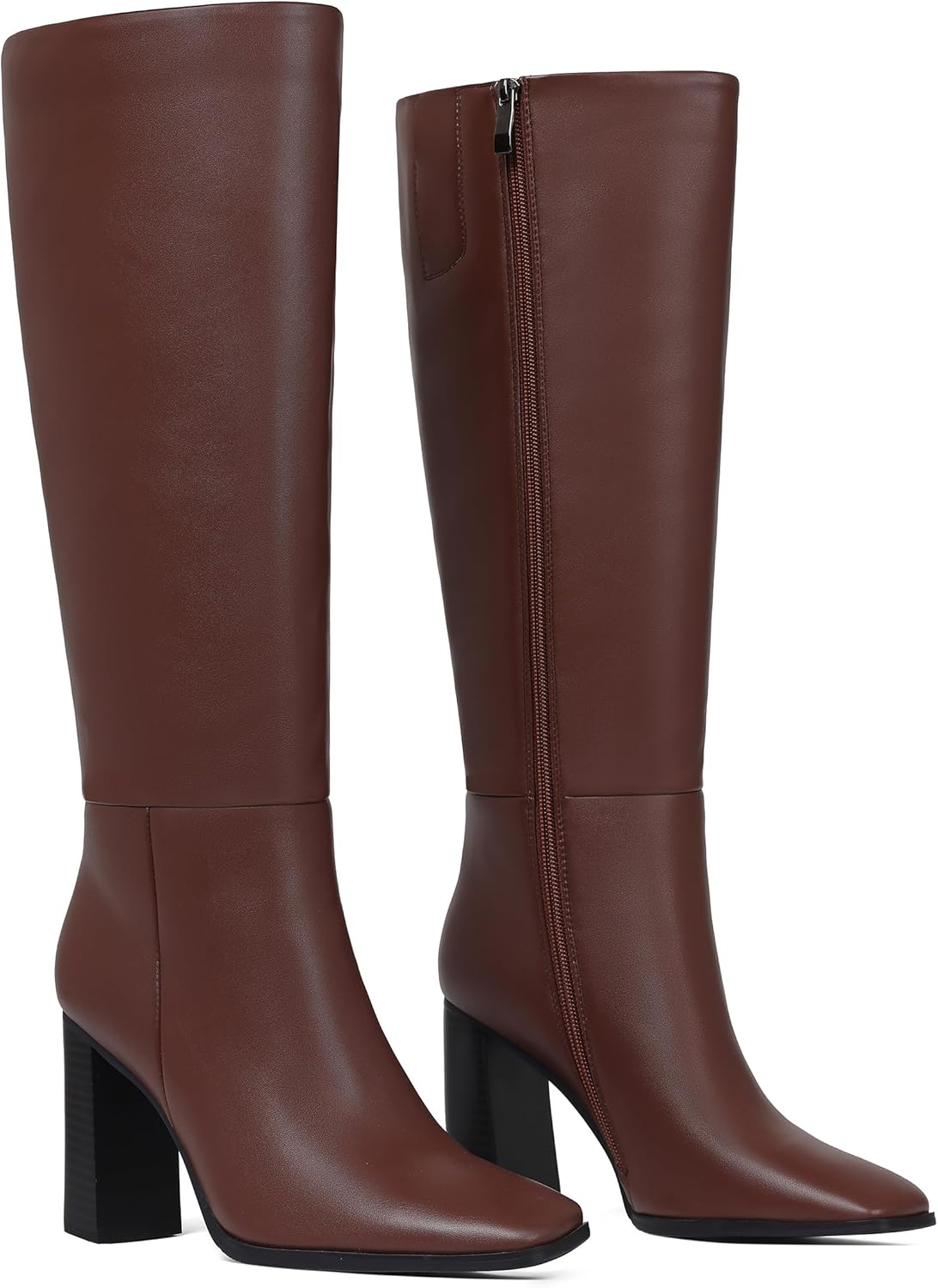 Celbreez Women's Knee-High Boots Wide Calf Boots for Women Square Toe Brown Leather Boots With Chunky Heel Side Zipper Tall Boots for Women Fall Fashion Dress Shoes