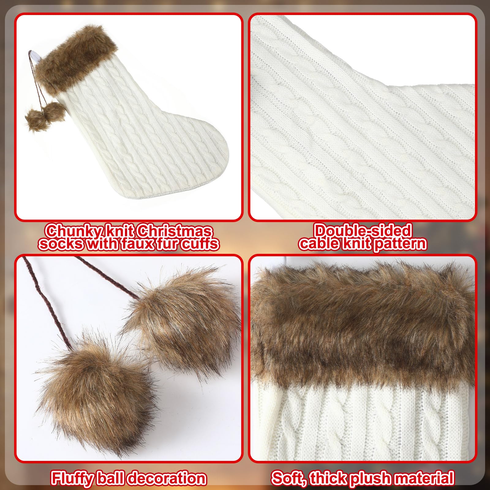Weihnachtsstrümpfe, 45,7 cm, große Weihnachtsstrümpfe mit Kunstfell-Manschette, hängende Weihnachtsstrümpfe, rustikale Ornamente für Weihnachten, Feiertage, Dekorationen, Familienparty, Weiß, 4