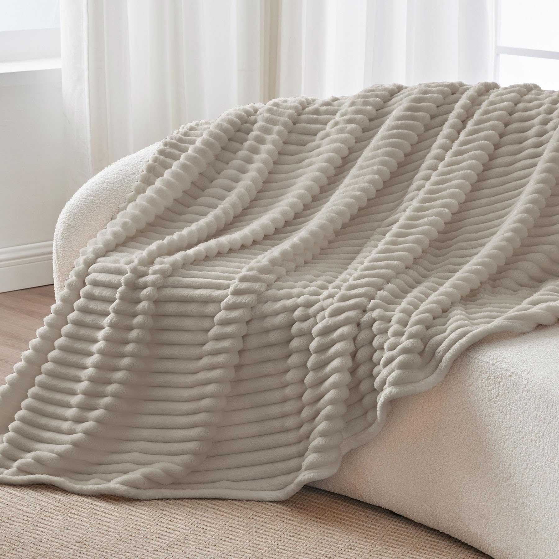 BEDELITE Fluffy Fleece Throw Blanket, Striped Decorative Soft Warm Gift for Sofa Bed Couch, Throw Size, Linen Beige — view 6