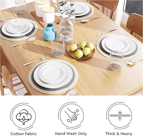 Miniatura 4 de Encasa XO Juego de 6 manteles individuales  Tapete redondo de algodón  13 pulgadas de diámetro  Gris claro y blanco roto  Cargadores para platos de