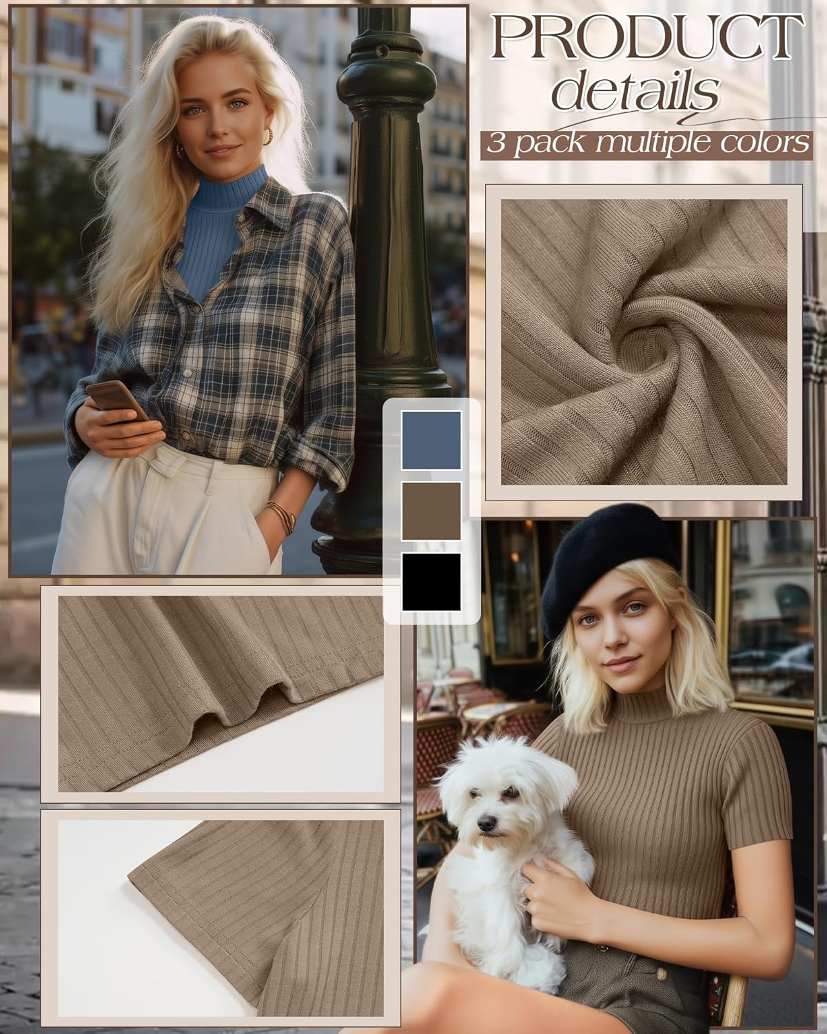 3 Pack Women Mock Turtleneck Shirts Short Sleeve Ribbed Lightweight Basic Layering Cotton Tops Slim Fit Tunic Tees - Image 4