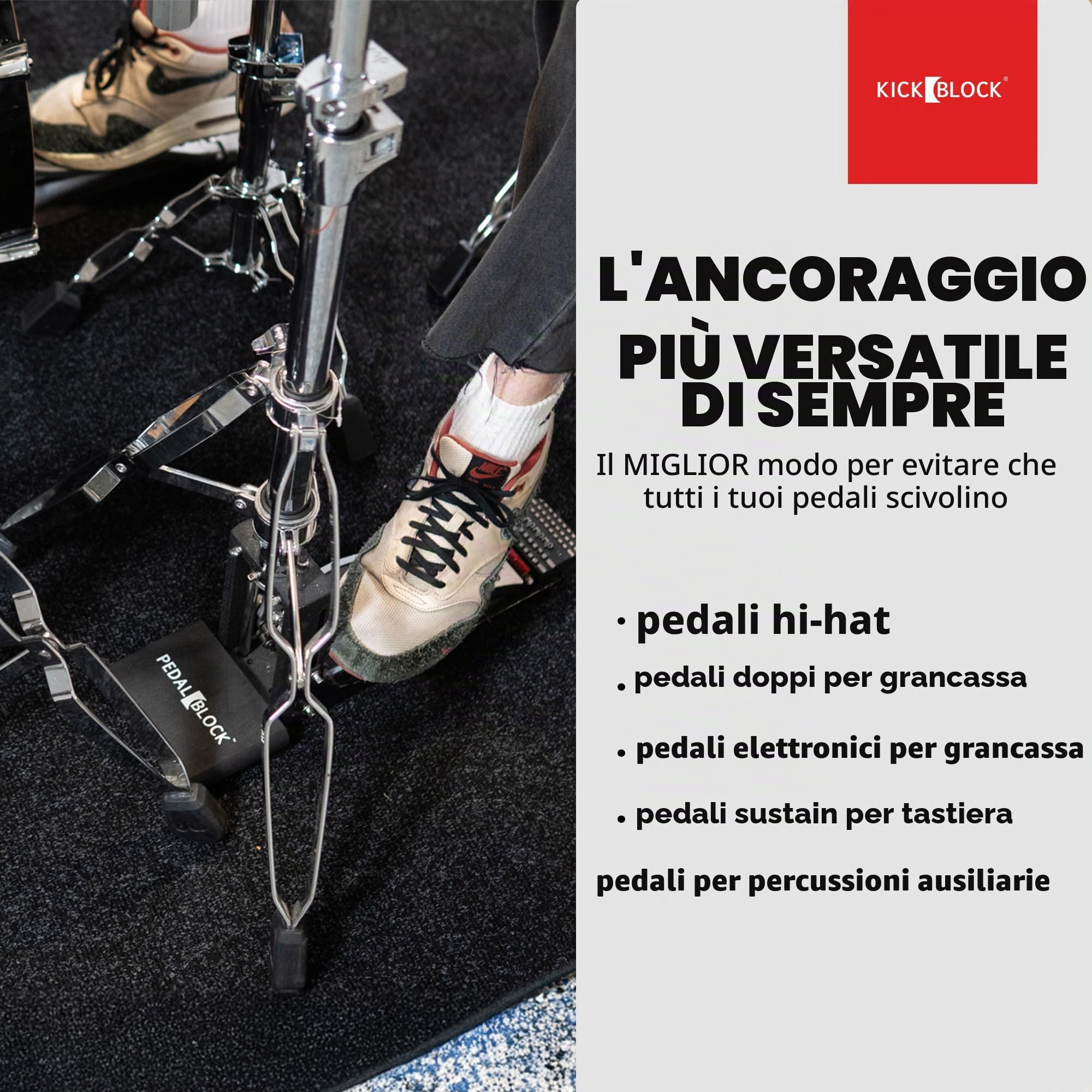 PedalBlock – Sistema di ancoraggio Hi-Hat e pedale – Prevenzione totale dello scorrimento – per doppio pedale, supporto Hi-Hat, pedale per tastiera, pedale per grancassa elettrica, accessori e regalo