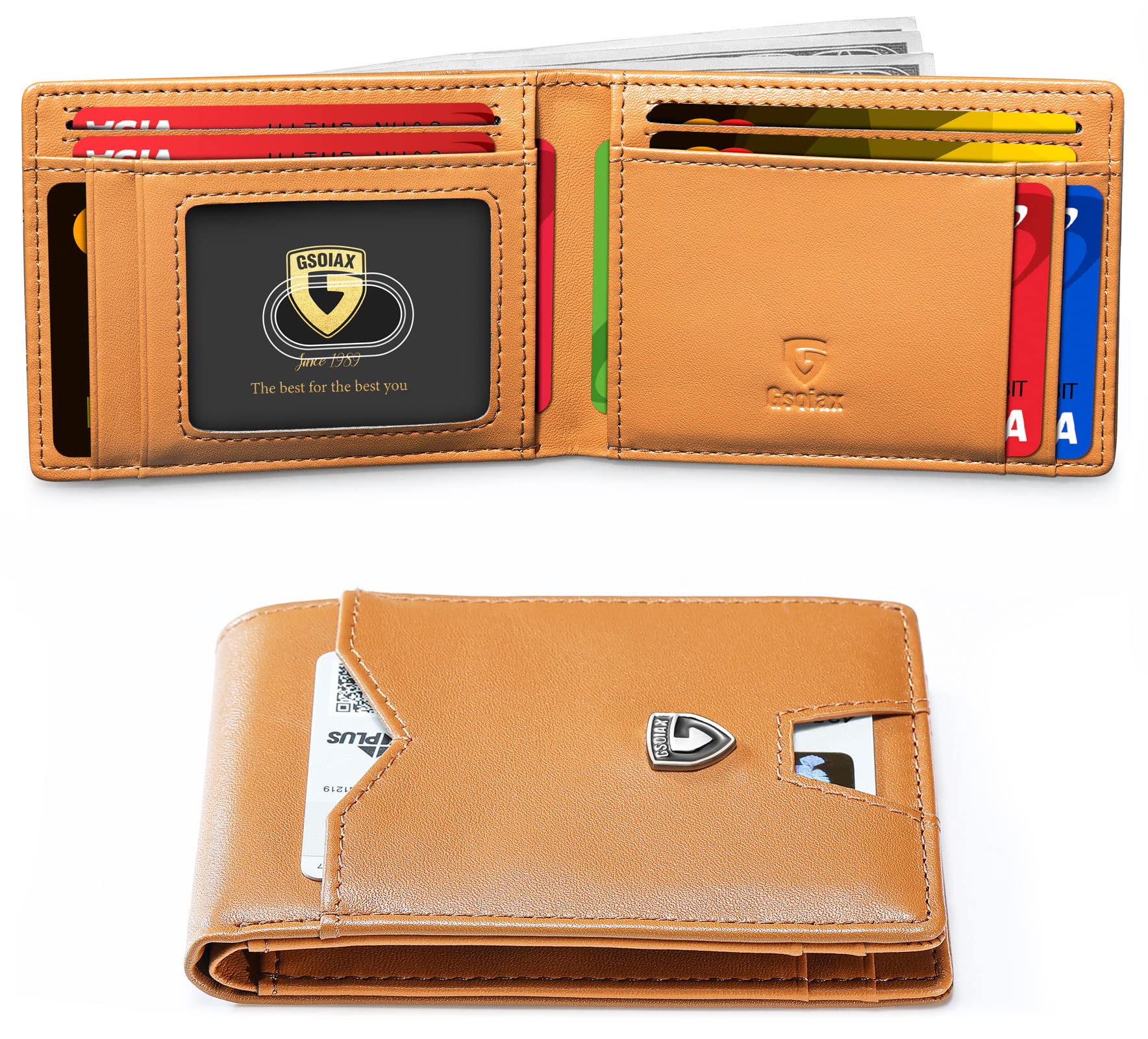 GSOIAX Mens Slim Wallet for Men Minimalist Genuine Leather Carbon Fiber Rfid Blocking Bifold Credit Card Holder With Gift Box (Brown)