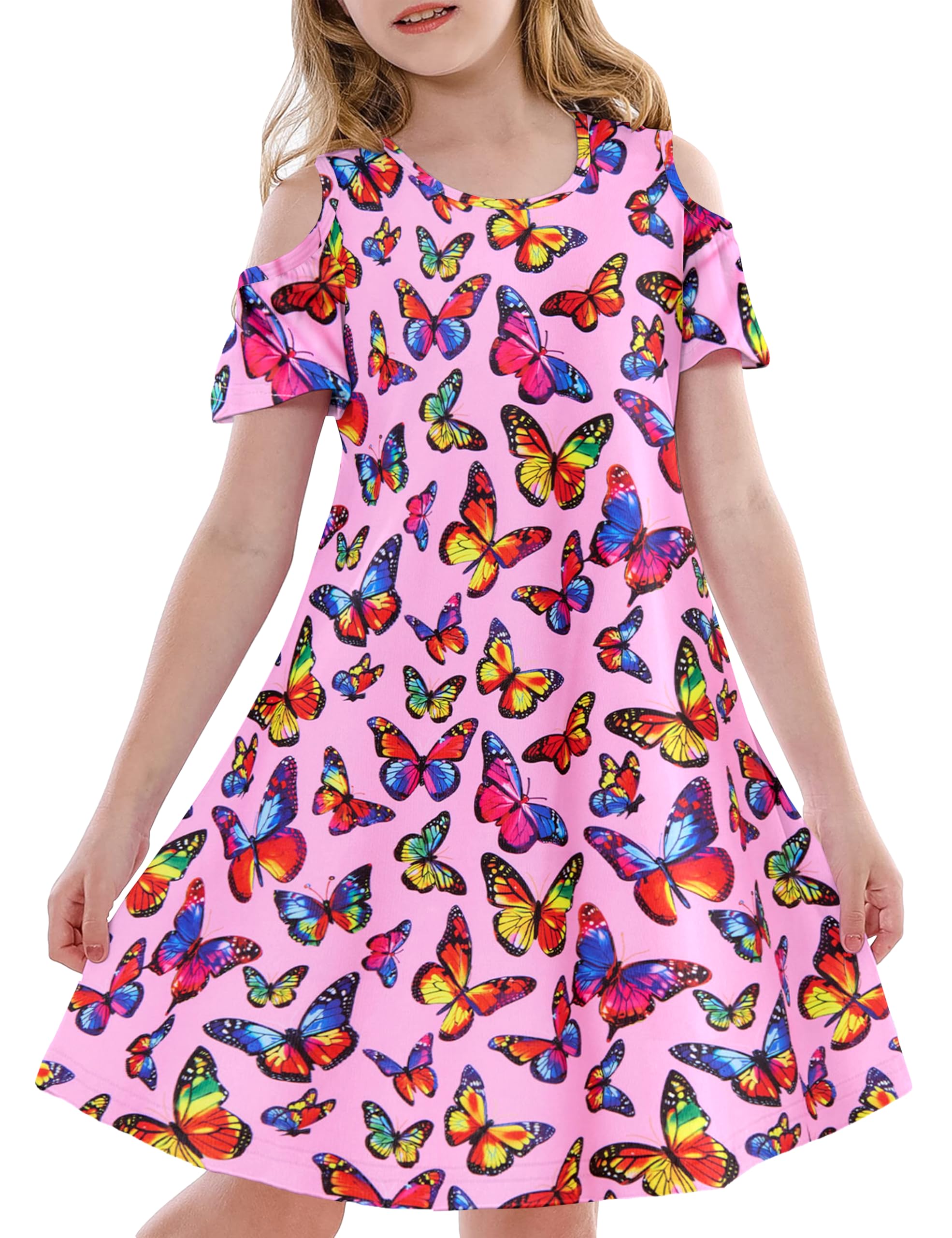 Kimoda Girls Casual Dress Summer Short Sleeve Cold Shoulder Dresses for Kids Holiday Sundress with Pockets 5-12