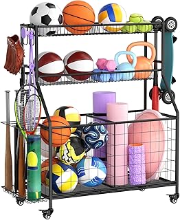 WUC Sports Equipment Organizer - Garage Ball Storage Rack with Basket, Hooks and Rolling Cart for Toy Sports Gear Storage,...