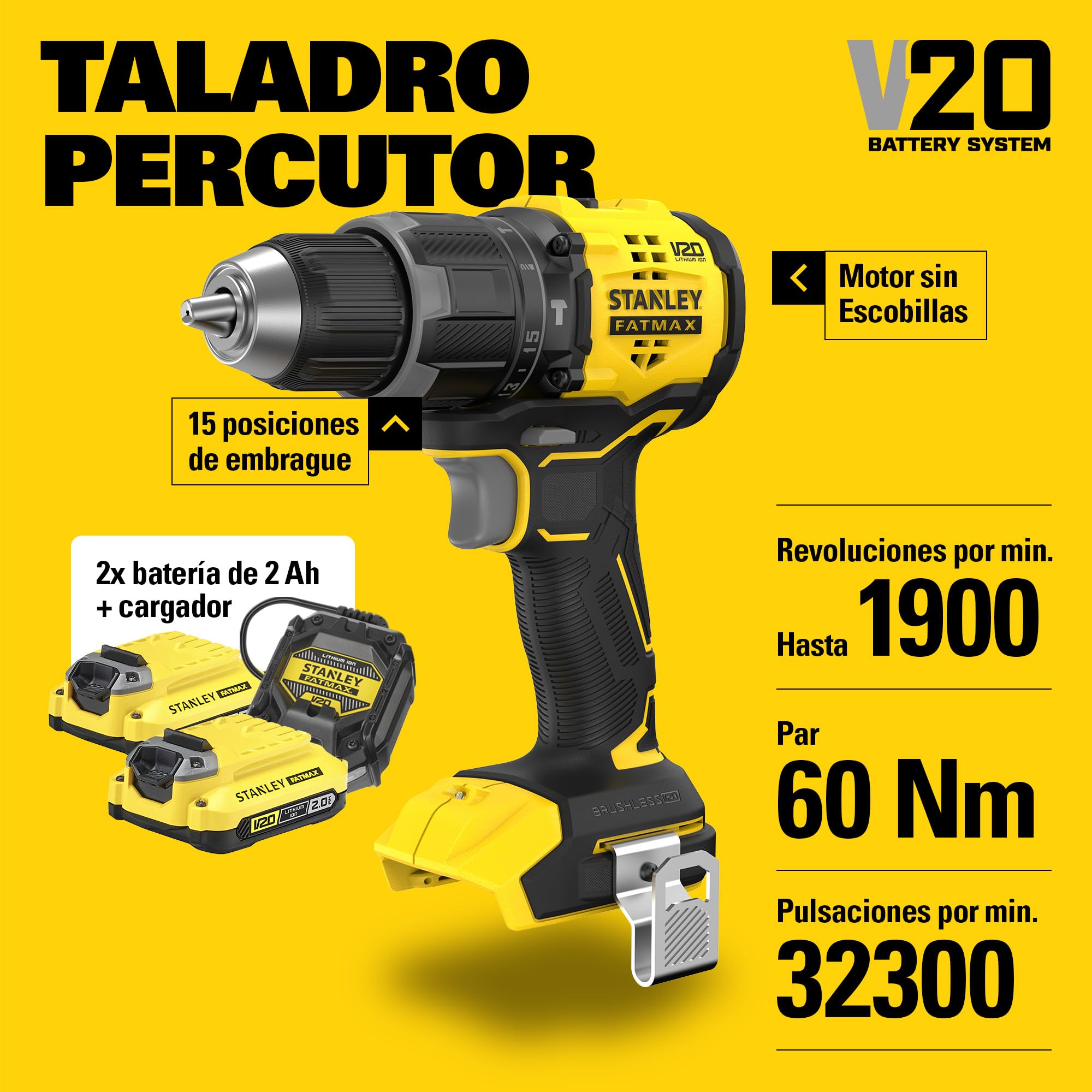 STANLEY V20 Taladro percutor sin escobillas de 2 velocidades, incluye batería de iones de litio de 2,0 Ah, cargador de 1,25 A y 100 accesorios con maletín ProStack, 18 V, SFMCD716D2A-QW