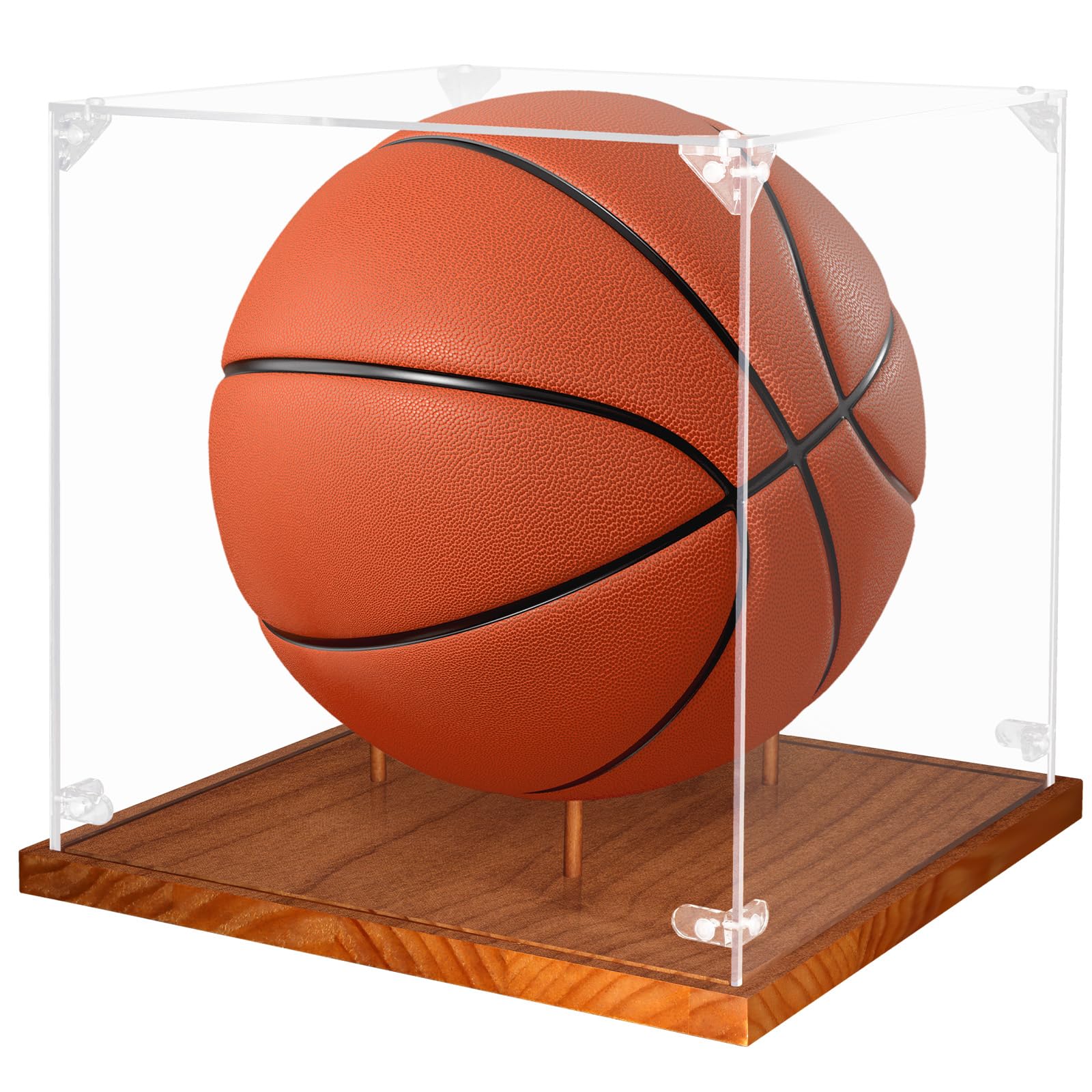 Clear Acrylic Basketball Display Case with Wood Base &amp; Tee, Memorabilia Stand Cube Holder, Dust Protection Transparent Storage Box for Single Ball Souvenir Basketball Collections