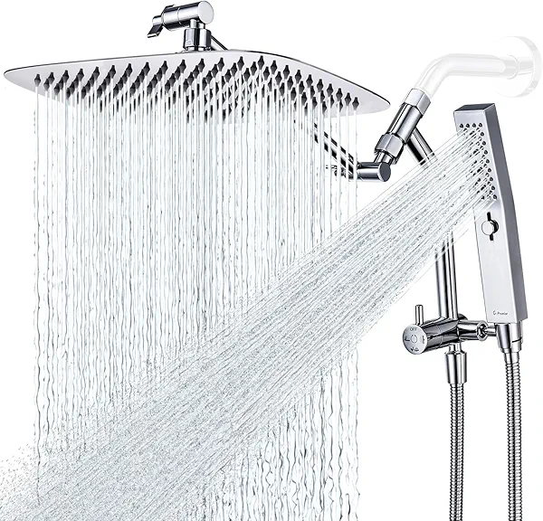 G-Promise All Metal 12 Inch Shower Head with Massage Mode Handheld, Rain Shower Head with Handheld Spray Combo, 3-Way Diverter with Pause Setting, 11 Inch Adjustable Extension Arm (Chrome)