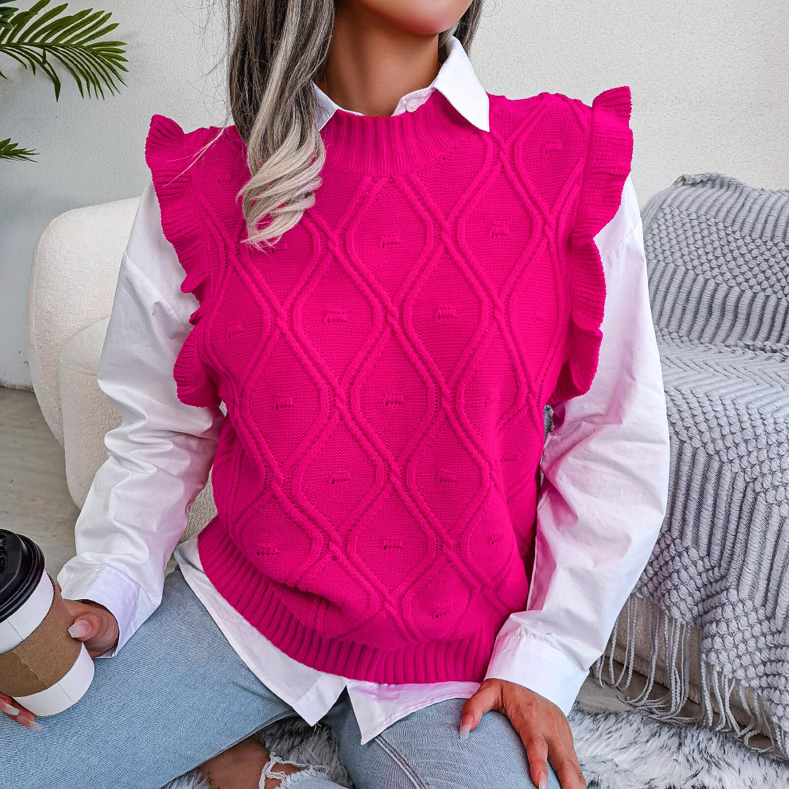 FEOYA Pulls Tricoté sans Manche Col V pour Femme Gilet en Tricot Chaud Classique Casual Mignon Décontracté Ample Vintage Débardeur Chandail Top Tricot Hiver Automne Printemps Noel S-XXL