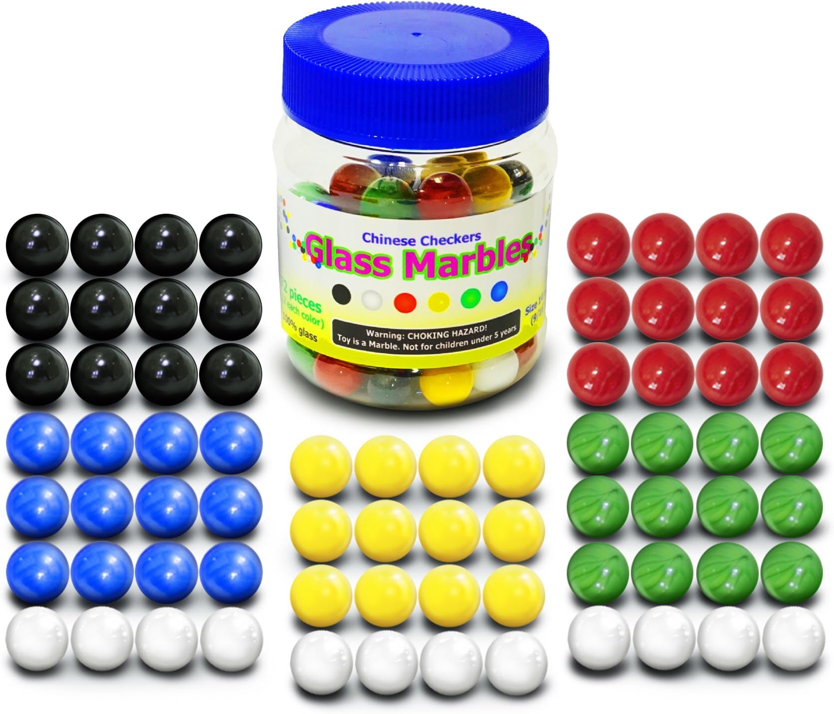 TOGETIC Super Value Depot Chinese Checkers Glass Marbles. Set of 72, 12 Each Color. Size 9/16” (14mm), with Practical Container.
